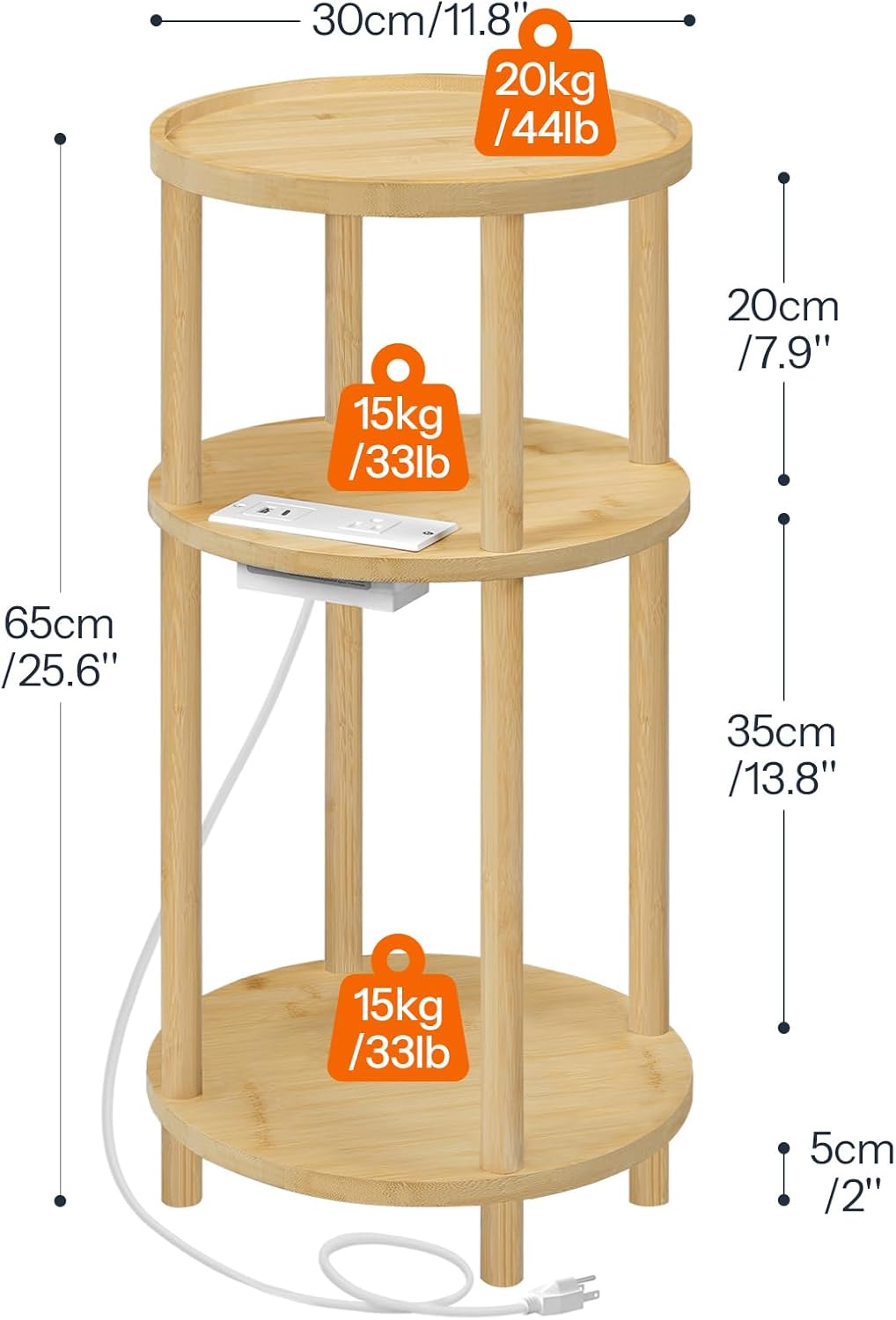 Alternative view of HOOBRO Small Round Side Table with Charging Station, 3-Tier Round Bamboo End Table, Compact Sofa Bedside Table for Small Space, Easy Assembly, for Living Room, Bedroom, Apartment, Natural YL152UBZ01