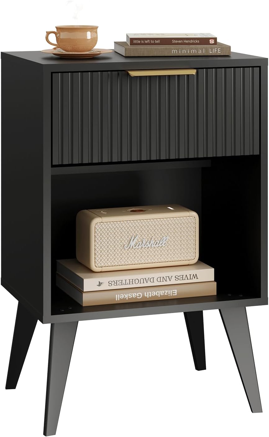 Alternative view of YAUKOMEL Fluted Night Stand with Opening Storage,Mid Century Bedside Table with Drawer,Black Nightstand with Wood Legs,End Table Side Table for Living Room,Bedroom,11.8" Dx15.7 Wx 25.2" H CTG56BK