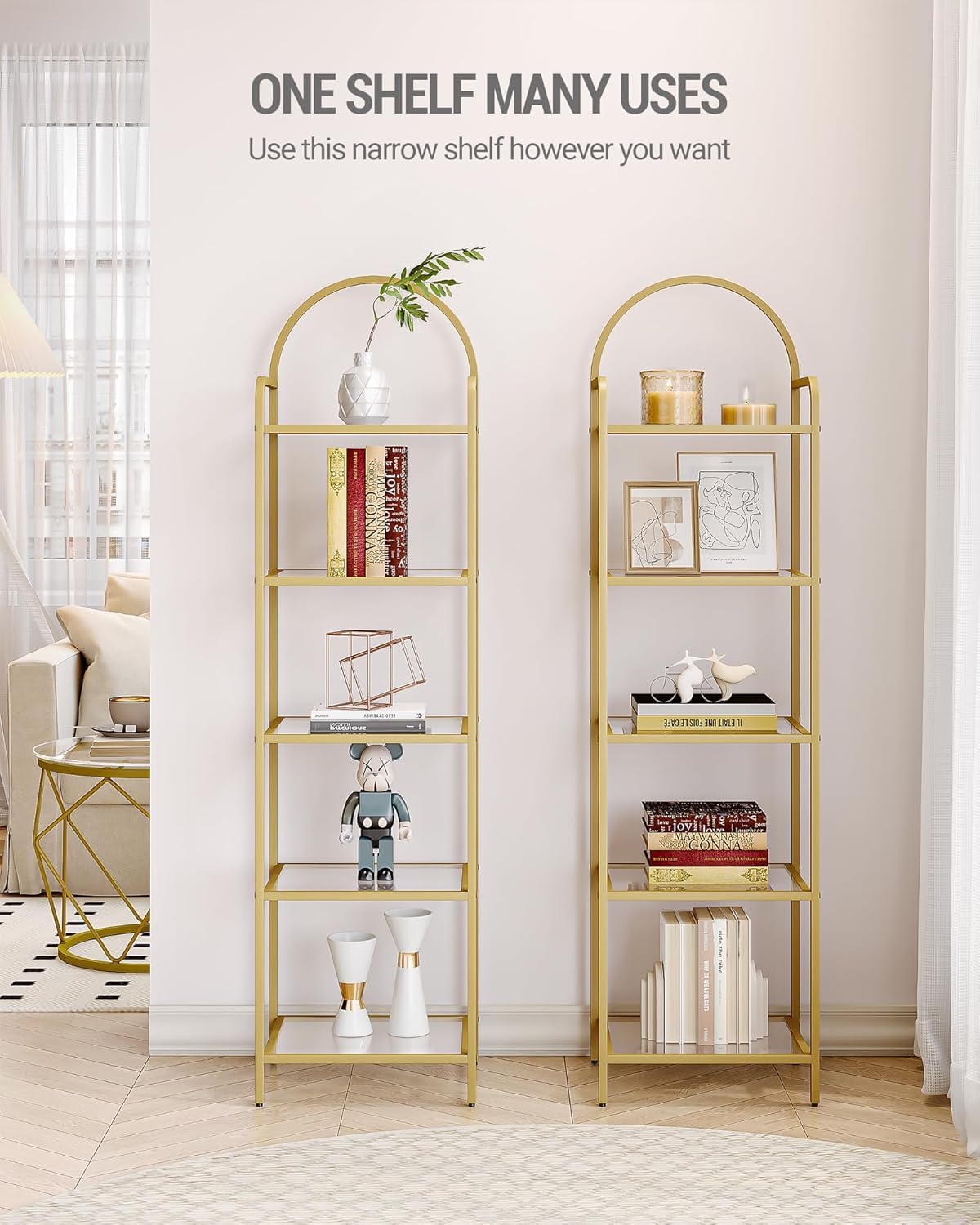 Alternative view of Hzuaneri Bookcase Bookshelf, Tempered Glass Bookshelves, Slim Shelving Unit for Bedroom, Bathroom, Home Office, Steel Frame, 5 Tier Gold BC05001G
