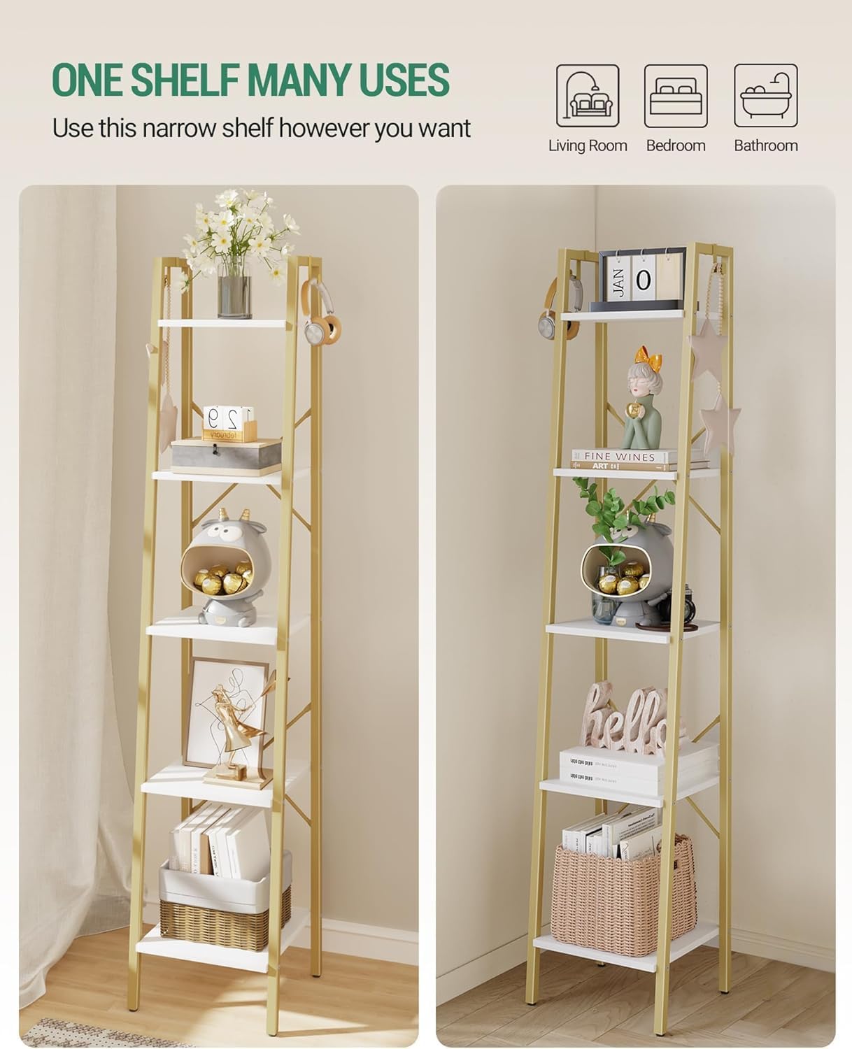 Alternative view of Hzuaneri Ladder Shelf, Bookshelf Bookcase, Freestanding Corner Storage Shelve with 2 Hooks for Home Office, Living Room, Kitchen, Bedroom, Industrial, 11.8" D x 13.4" W x 63" H, White Gold BC03213G