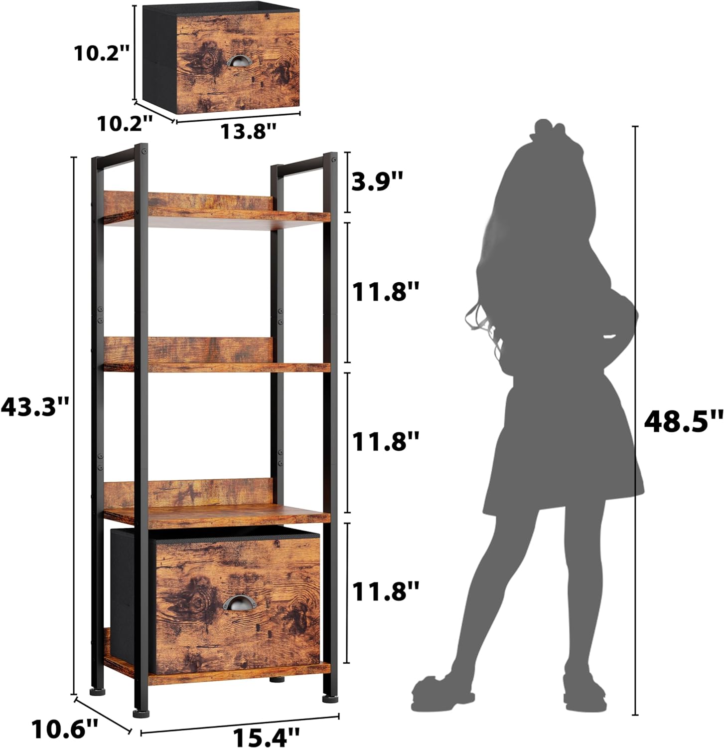 Alternative view of Furologee 4 Tier Bookshelf with Drawer, Tall Bookcase with Shelves, Narrow Bookshelves Storage Organizer, Wood and Metal Display Standing Shelf Unit for Bedroom, Living Room, Rustic Brown