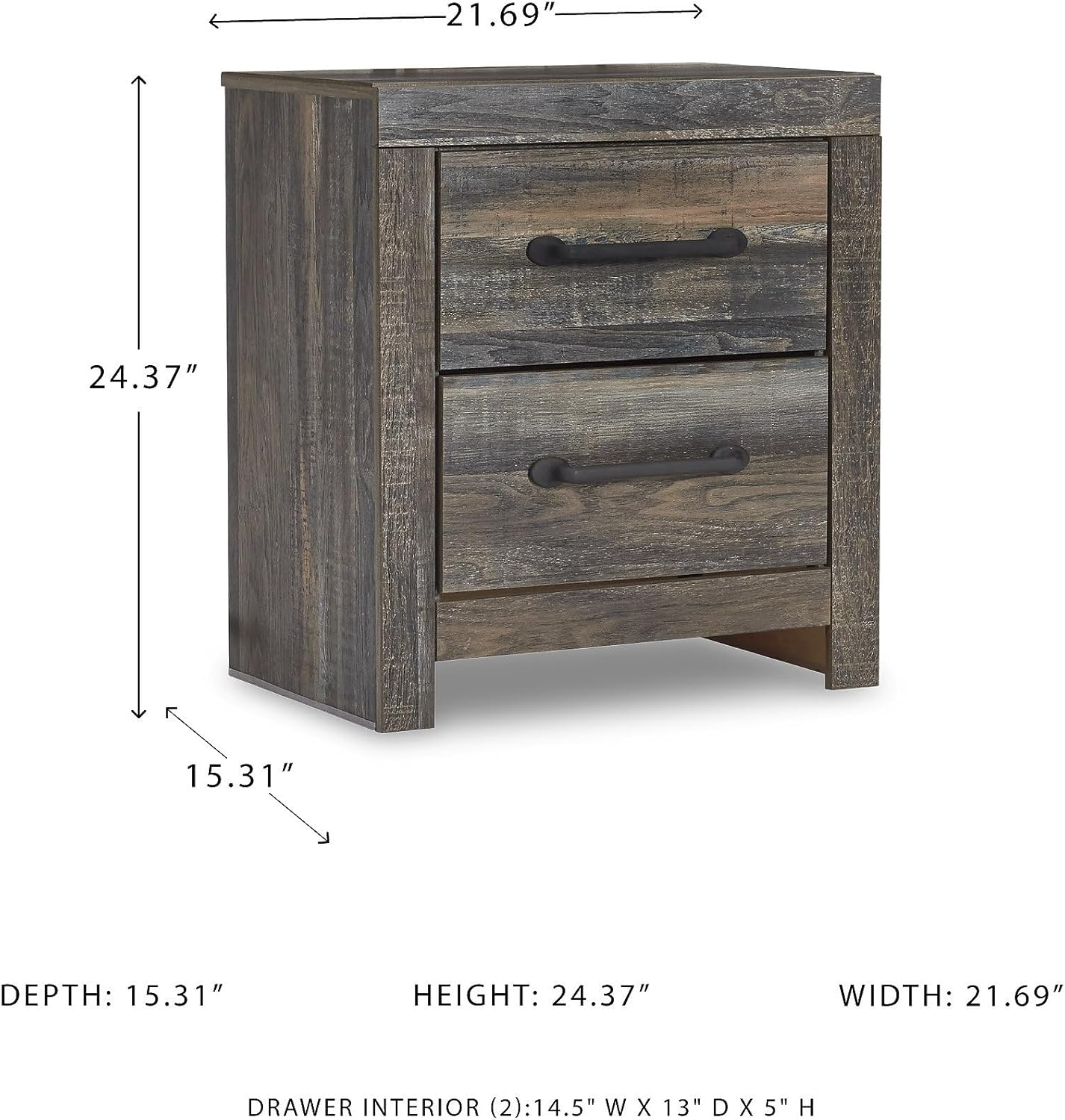 Alternative view of Signature Design by Ashley Drystan Rustic Industrial 2 Drawer Nightstand with 2 Slim-Profile USB Charging Stations, 24.37" Tall, Weatherworn Brown
