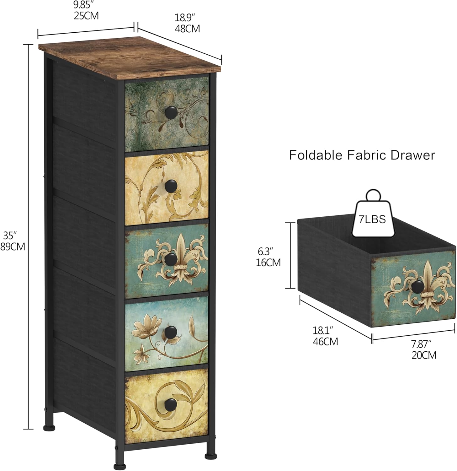 Alternative view of Tohomeor Narrow Storage Dresser Slim Dresser with Retro Flowers Fabric Drawers Vertical Skinny Cabinet for Small Spaces,Bathroom,Bedroom Closet Nightstand,Entryway Organizer (Retro Flower, 5 Drawers)