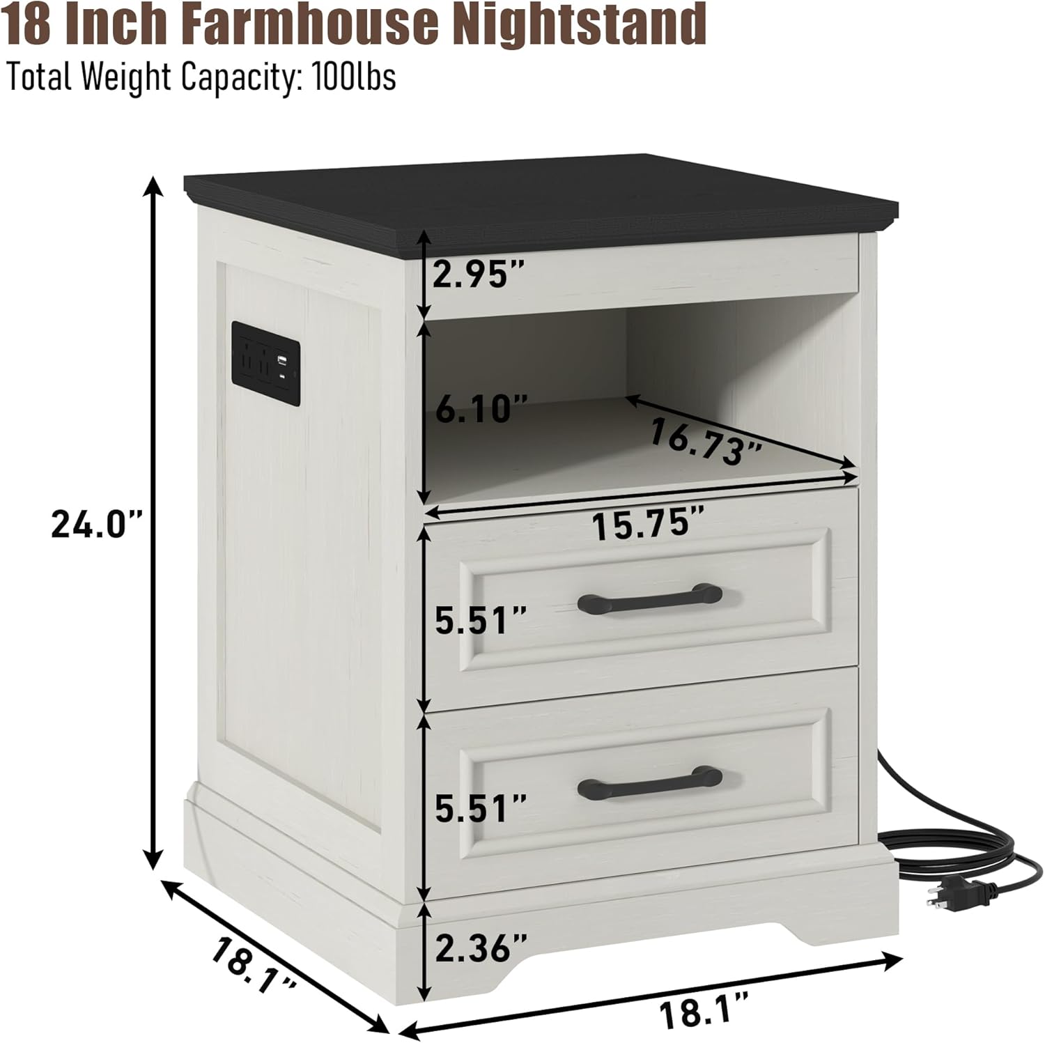 Gadroad 18" Farmhouse Accent Nightstand with Charging Station, End Table with 3 Drawers Storage, Side Table, Bedside Cabinet for LivingRoom Bedroom Office, Antique White