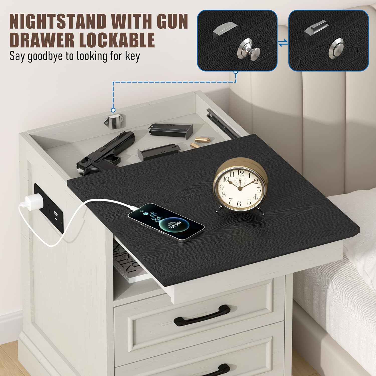 Alternative view of Gadroad 18" Farmhouse Accent Nightstand with Charging Station, End Table with 3 Drawers Storage, Side Table, Bedside Cabinet for LivingRoom Bedroom Office, Antique White