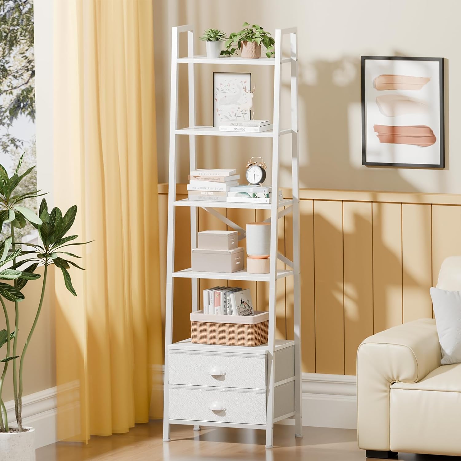 Furologee 5-Tier Ladder Shelf with 2 Drawers,Narrow Bookshelf Storage Shelves,Industrial Bookcase Freestanding Rack Units for Bedroom,Living Room,Bathroom,Home Office,Balcony,Wood Metal, White