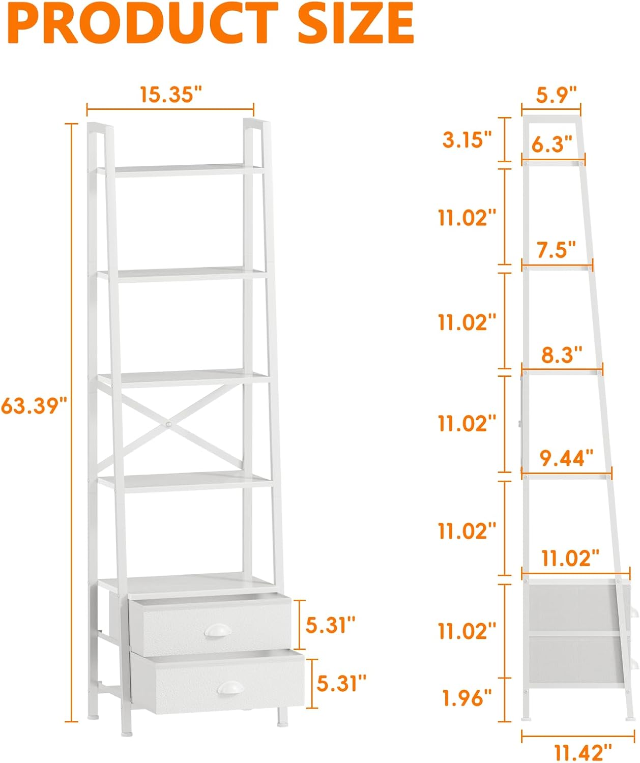 Alternative view of Furologee 5-Tier Ladder Shelf with 2 Drawers,Narrow Bookshelf Storage Shelves,Industrial Bookcase Freestanding Rack Units for Bedroom,Living Room,Bathroom,Home Office,Balcony,Wood Metal, White
