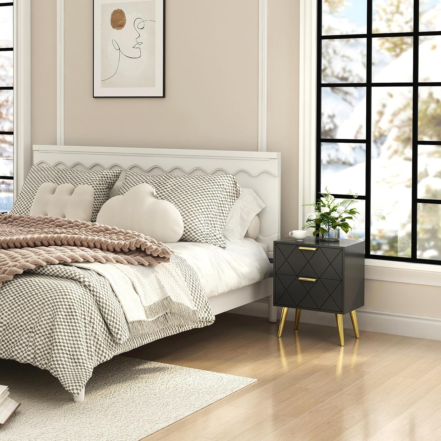 Nightstand with 2 Drawers, Black Bedside Table Set of 2, Side Table with Gold Legs, Modern Style Night Stand End Table Drawer Dresser for Living Room Bedroom MLBZ09BU-2