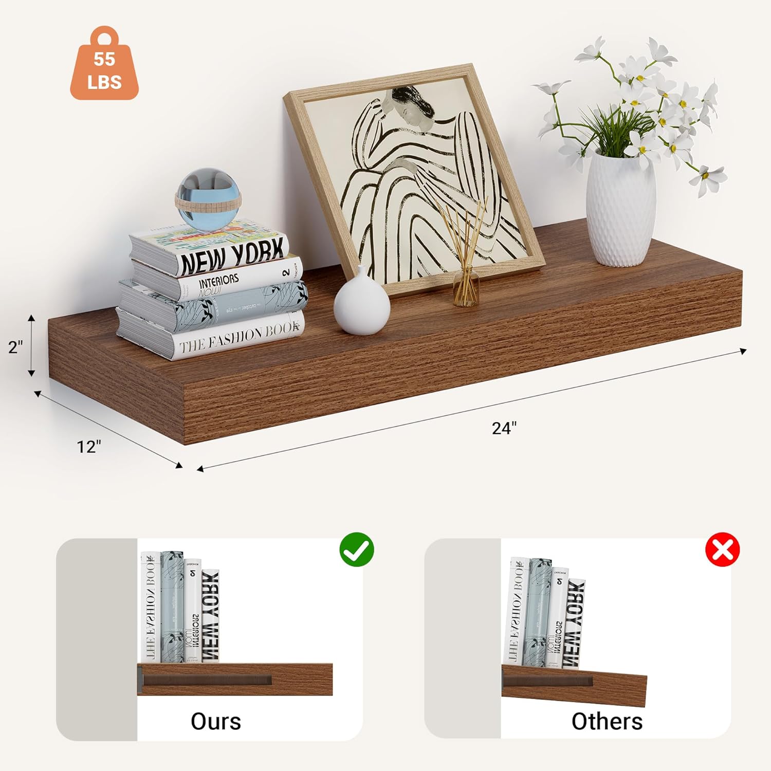 Alternative view of Heimlove 24 x 12 Inch Deep Floating Shelves Wall Mounted with Invisible Brackets,Storage Hanging Shelf for Wall Decor in Bathroom, Bedroom, Toilet, Kitchen, Living Room, Office Set of 1 (Walnut)