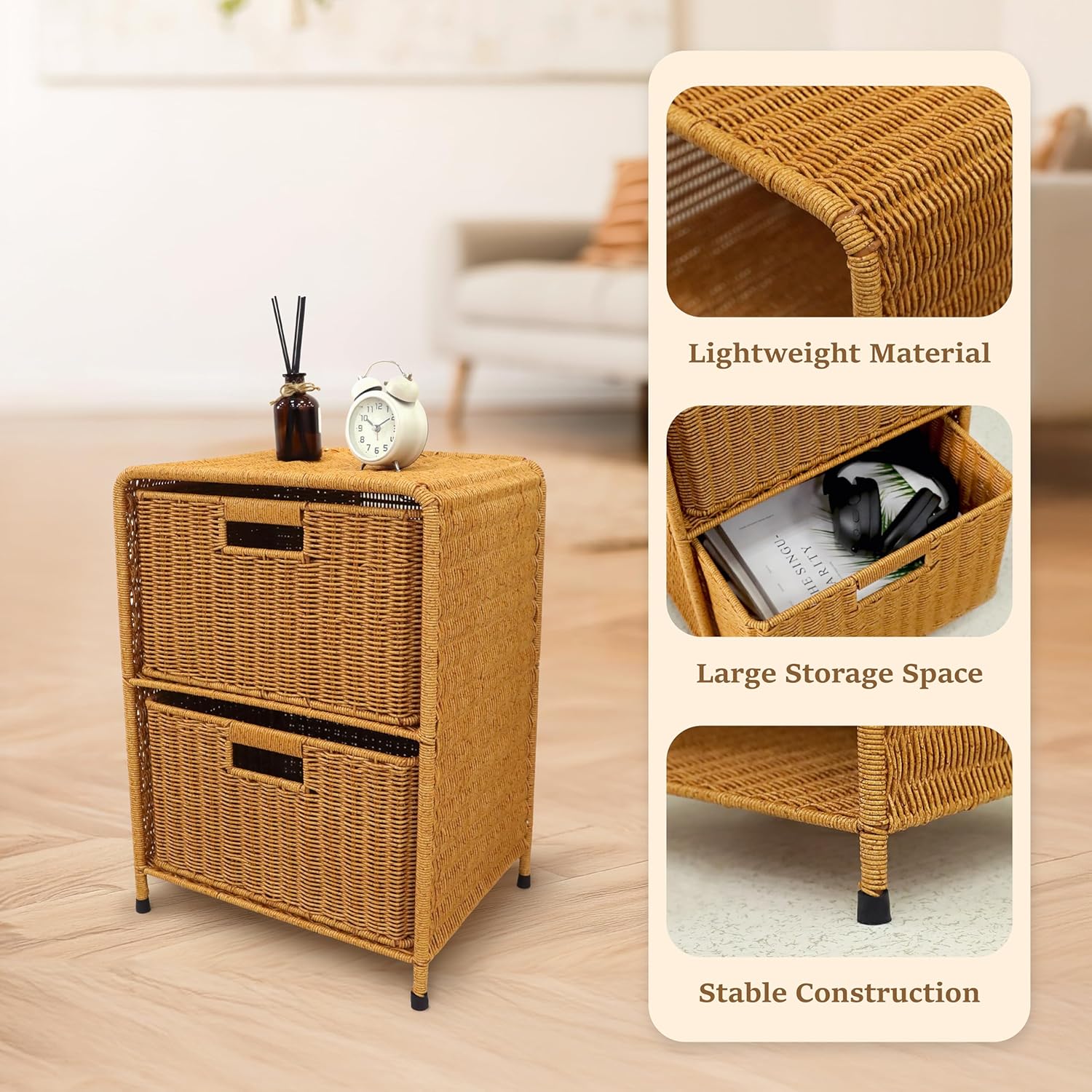 Alternative view of myHomeBody Wicker Nightstand with Drawers, Bed Side Table Bedroom, End Table with Storage, Small Storage Cabinet, Drawers for Bedroom, Latte