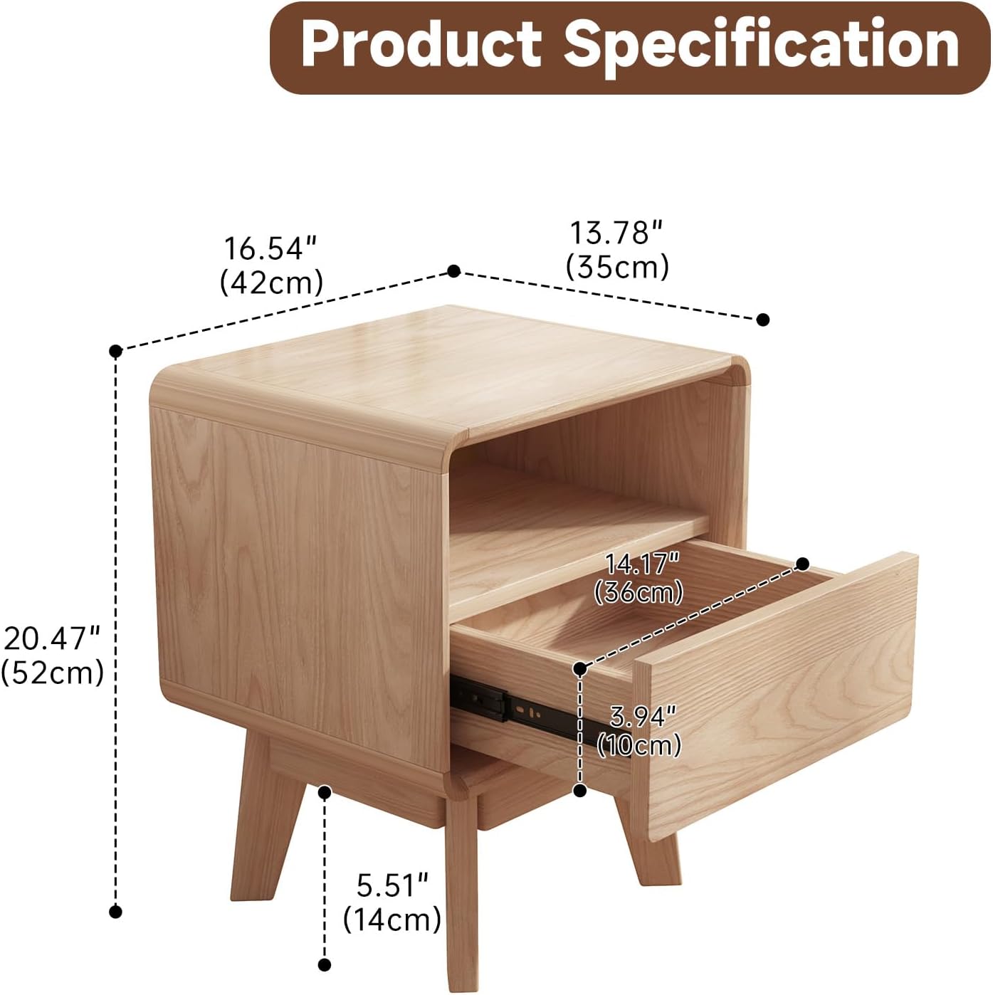 Solid Wood Nightstand, Mid-Century Modern Night Stand with Drawer & Open Shelf, Compact Bedside Tables for Bedroom, Office, Small Spaces, Light Natural Finish, Pre-Assembled