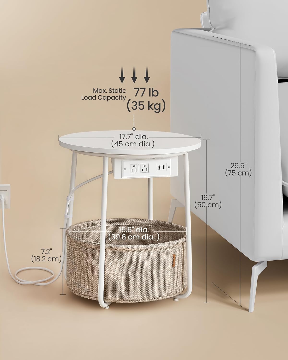 VASAGLE LILEA Collection - Side Table with Charging Station, Round End Table with Fabric Basket, Nightstand with USB Ports, for Living Room, Bedroom, Modern, Matte White and Camel Brown ULET228W01