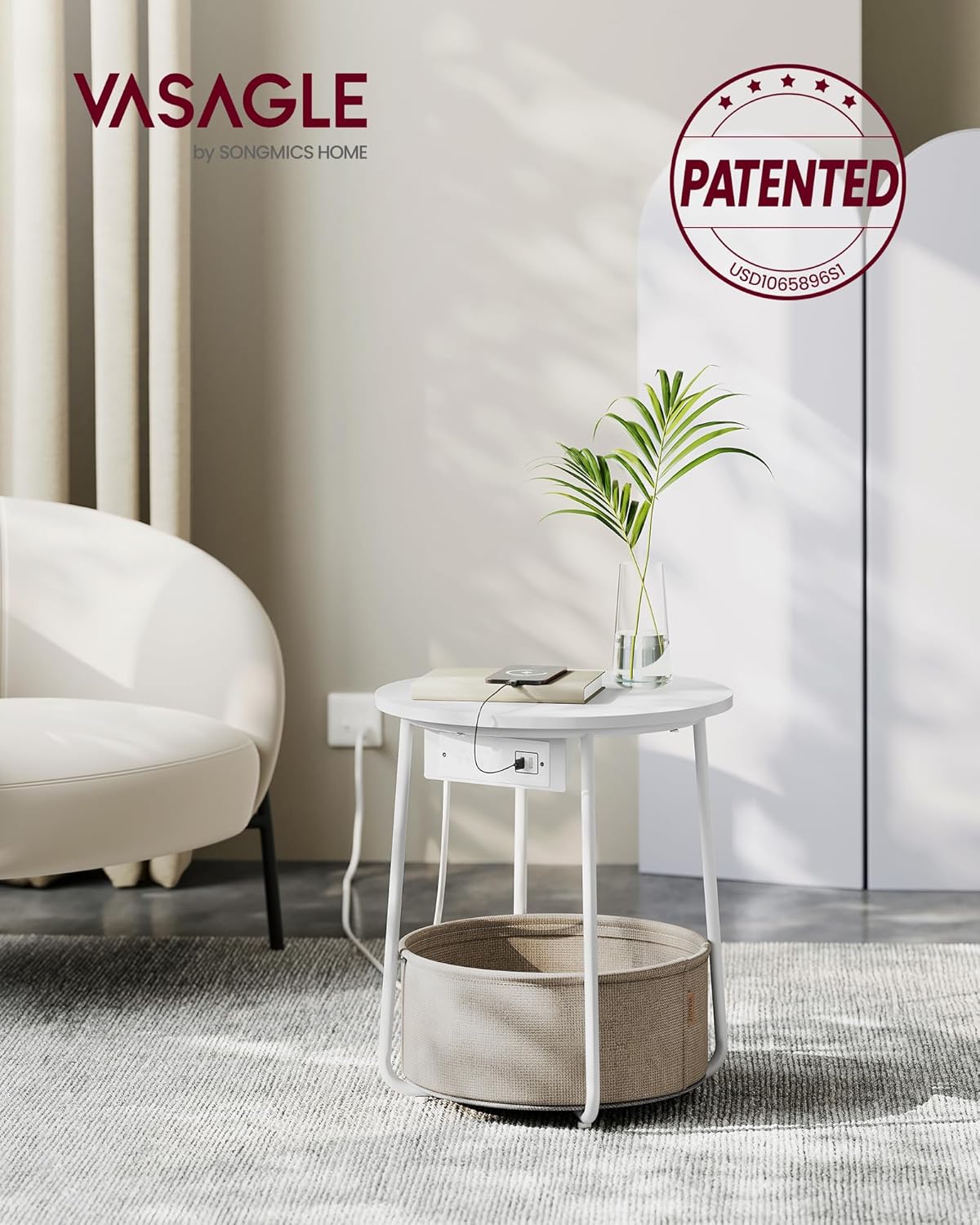 Alternative view of VASAGLE LILEA Collection - Side Table with Charging Station, Round End Table with Fabric Basket, Nightstand with USB Ports, for Living Room, Bedroom, Modern, Matte White and Camel Brown ULET228W01