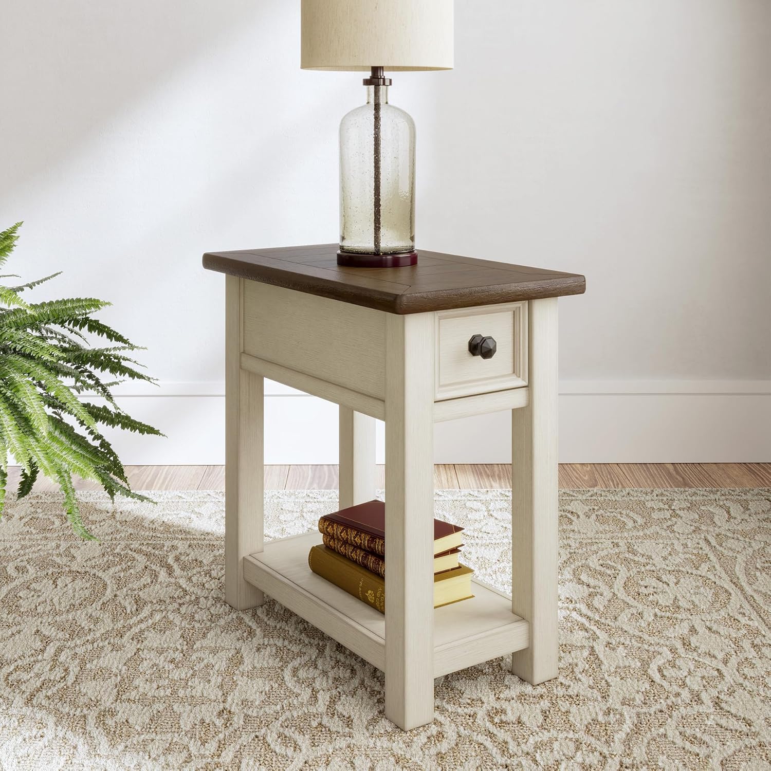 Signature Design by Ashley Bolanburg Chair Side End Table , USB Charging Ports, Drawer, Oak Wood, 14" W x 24.13" D x 24.13" H, 2-Tone Light Brown & Whitewash
