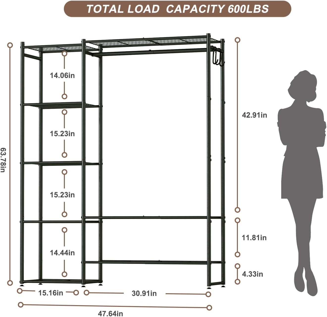 Alternative view of Neprock Wardrobe Closet, Portable Clothing Rack for Hanging Clothes, Free Standing Closet Organizers and Storage System with 4 Tiers Shelves for Cloakroom Bedroom, Black