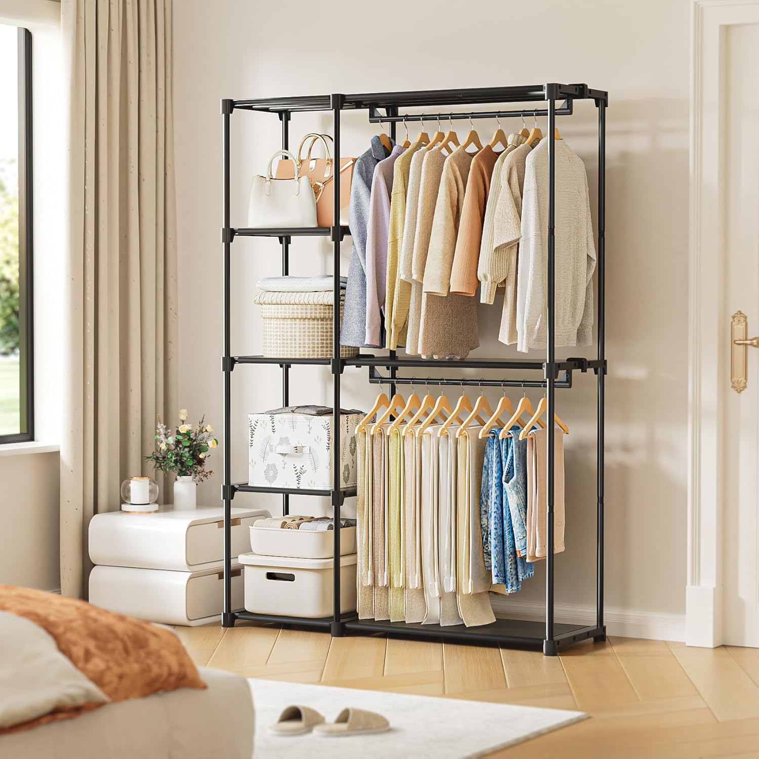 Neatrays Portable Closet, Freestanding Wardrobe Closet Organizers and Storage,Open Clothing Racks for Hanging Clothes with 4 Shelves and 2 Hanging Rods，47.8x15.8x63.4 Inches