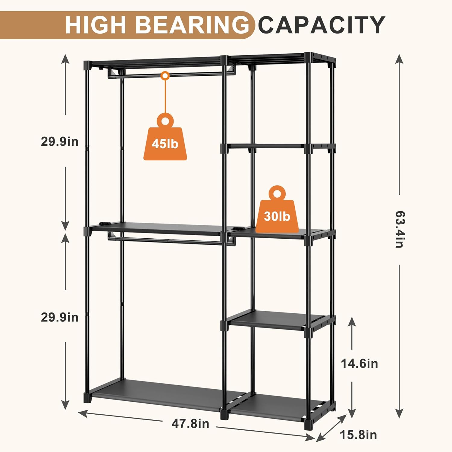 Alternative view of Neatrays Portable Closet, Freestanding Wardrobe Closet Organizers and Storage,Open Clothing Racks for Hanging Clothes with 4 Shelves and 2 Hanging Rods，47.8x15.8x63.4 Inches