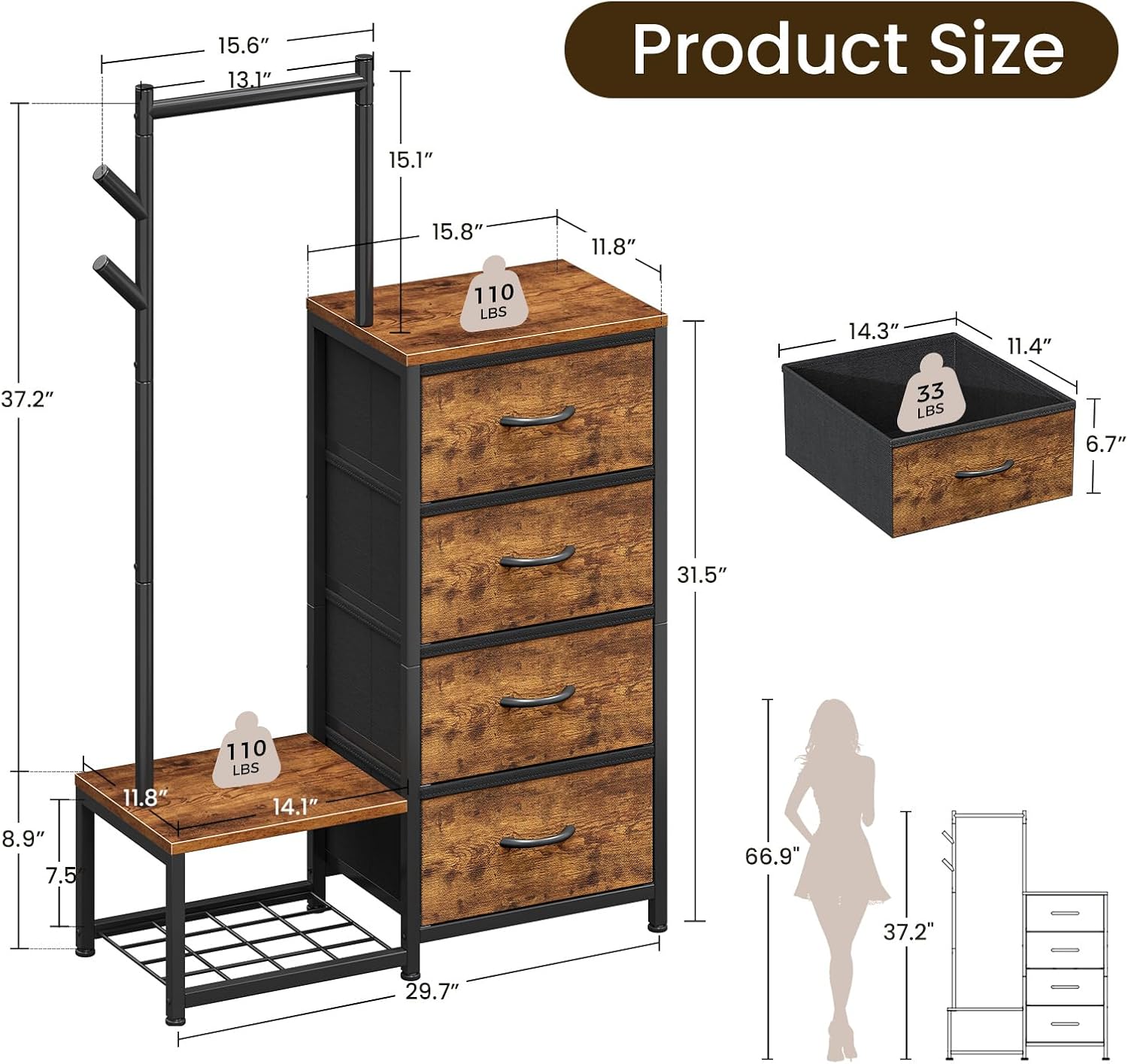 KKL Small Dresser for Bedroom with Clothes Hanging Rack, Reversible Bedroom Dresser with Shoe Rack & 4 Fabric Drawers, 3-in-1 Storage Chest of Drawers with Storage Shelves & Tree Hooks, Vintage