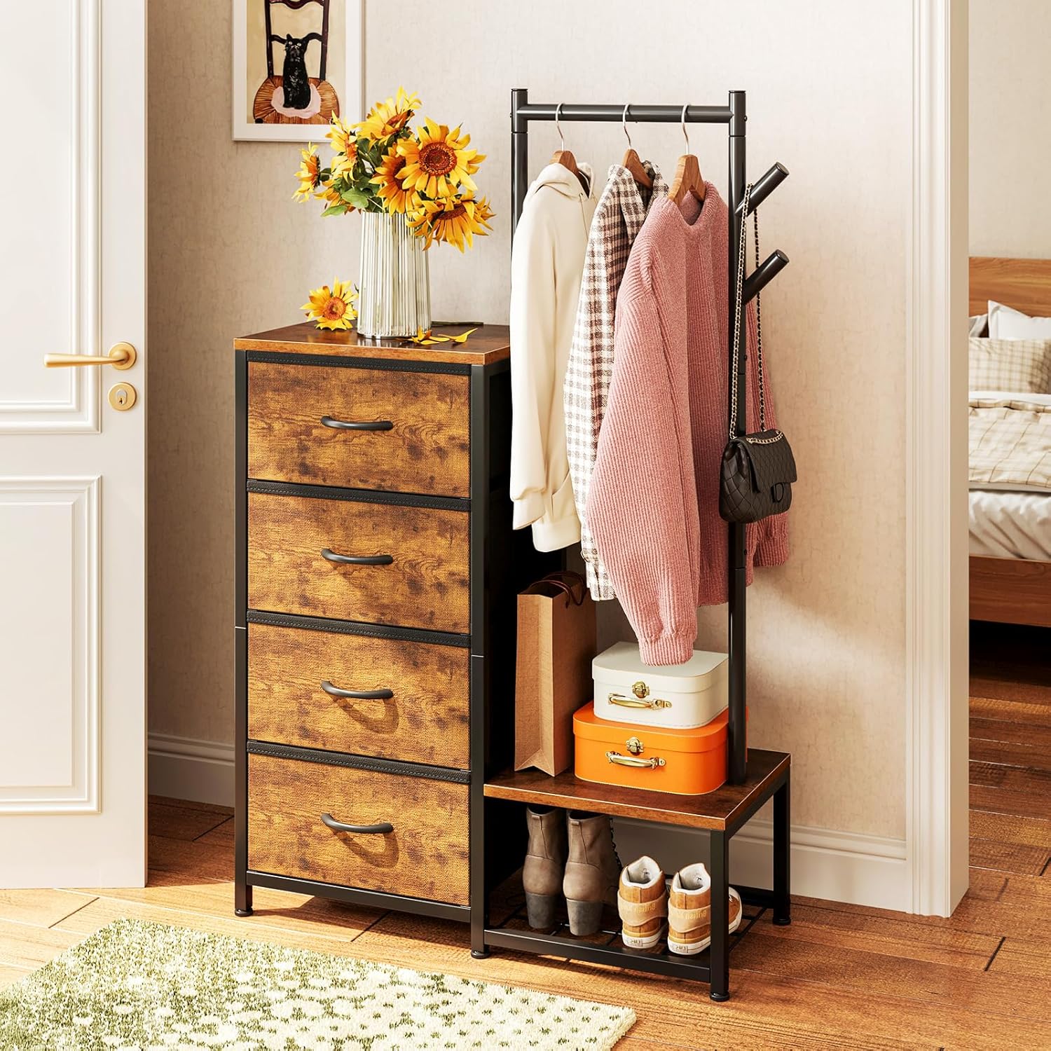 Alternative view of KKL Small Dresser for Bedroom with Clothes Hanging Rack, Reversible Bedroom Dresser with Shoe Rack & 4 Fabric Drawers, 3-in-1 Storage Chest of Drawers with Storage Shelves & Tree Hooks, Vintage