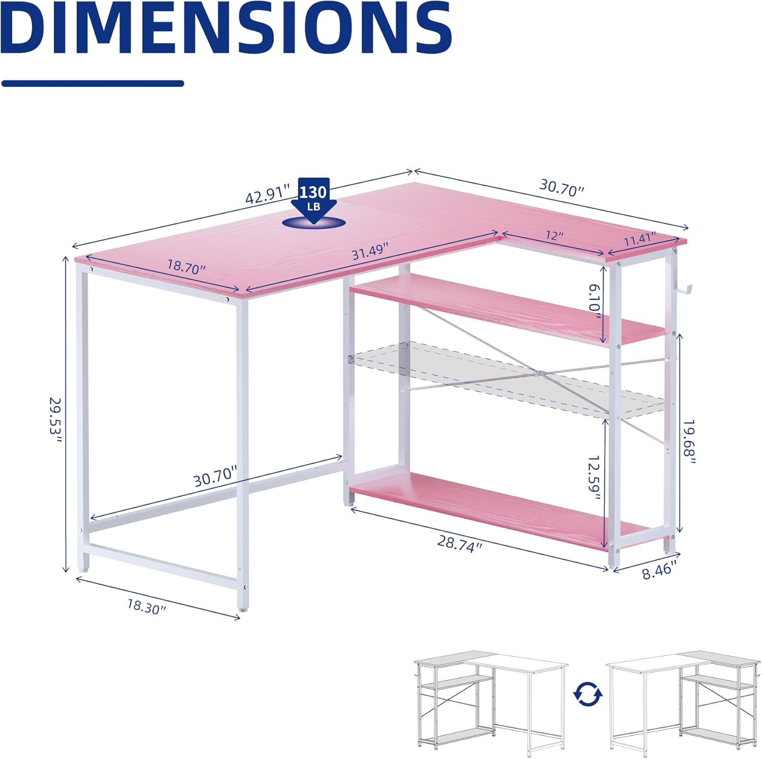 Alternative view of Pamray 43 Inch L Shaped Computer Desk with Reversible Side Storage Shelves, Small Corner Desk for Small Space Home Office,Writing Study Table PC Desk for Bedroom,Pink with White Leg