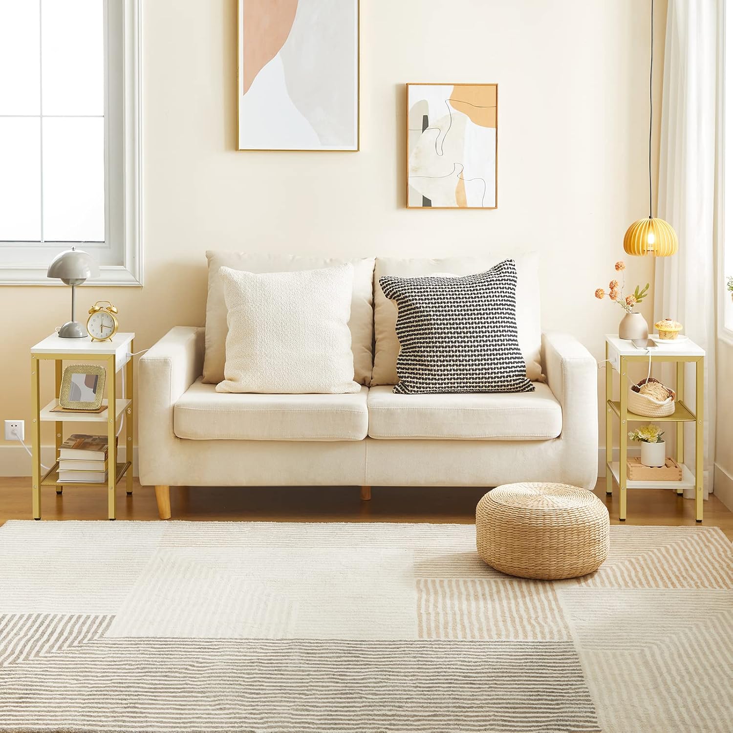 HOOBRO Side Tables Set of 2 with Charging Station and USB Port, Small End Tables for Small Space, 3-Tier Nightstands with Adjustable Shelf, for Living Room, Bedroom, White and Gold DW112BZP201G1