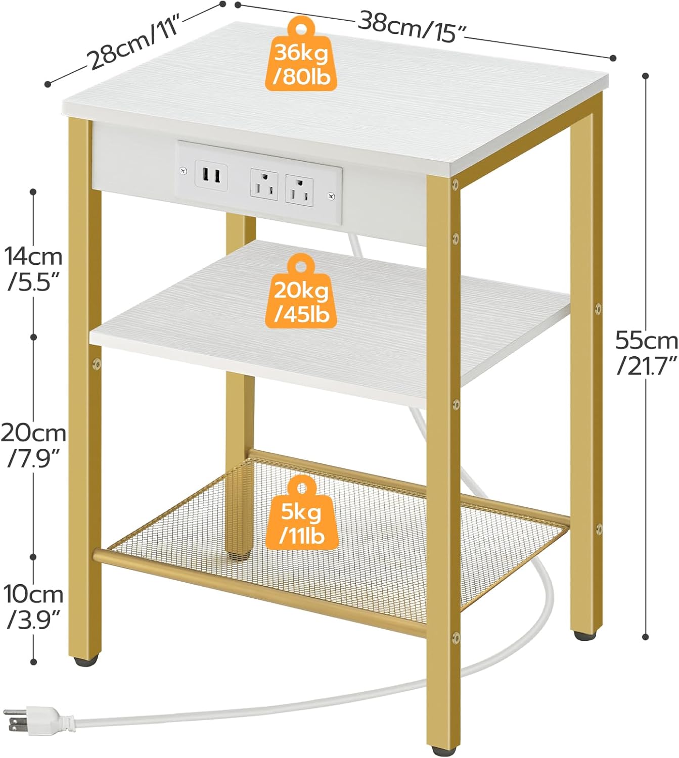 Alternative view of HOOBRO Side Tables Set of 2 with Charging Station and USB Port, Small End Tables for Small Space, 3-Tier Nightstands with Adjustable Shelf, for Living Room, Bedroom, White and Gold DW112BZP201G1