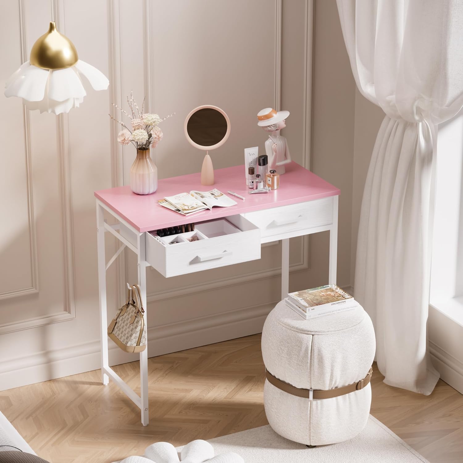 Pamray 32 Inch Small Computer Desk with 2 Drawers for Bedroom Study Writing Home Office Table for Small Spaces Pink