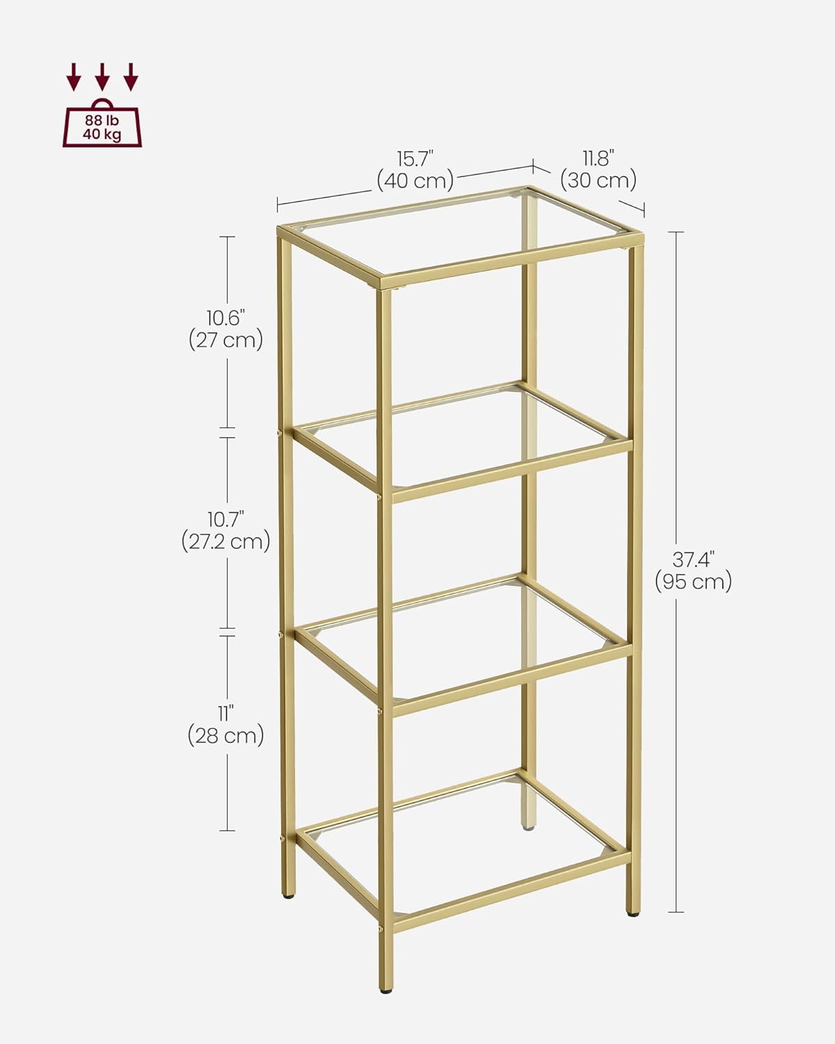 Alternative view of VASAGLE Bookcase, 4-Tier Bookshelf, Slim Shelving Unit for Bedroom, Bathroom, Home Office, Tempered Glass, Steel Frame, Metallic Gold ULGT28G