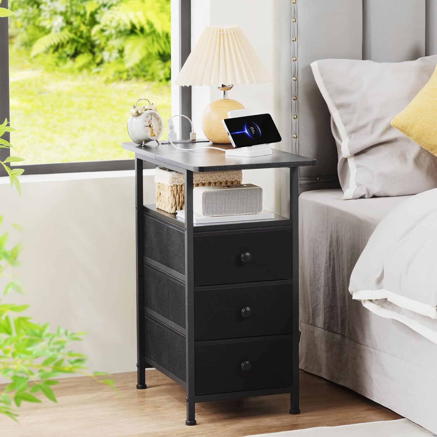 AMHANCIBLE End Tables Living Room with Charging Station, Narrow Side Table with USB Ports and Outlets, Slim Nightstand with 3 Fabric Drawers for Bedroom, Small Space, Black, HETN013BK-1