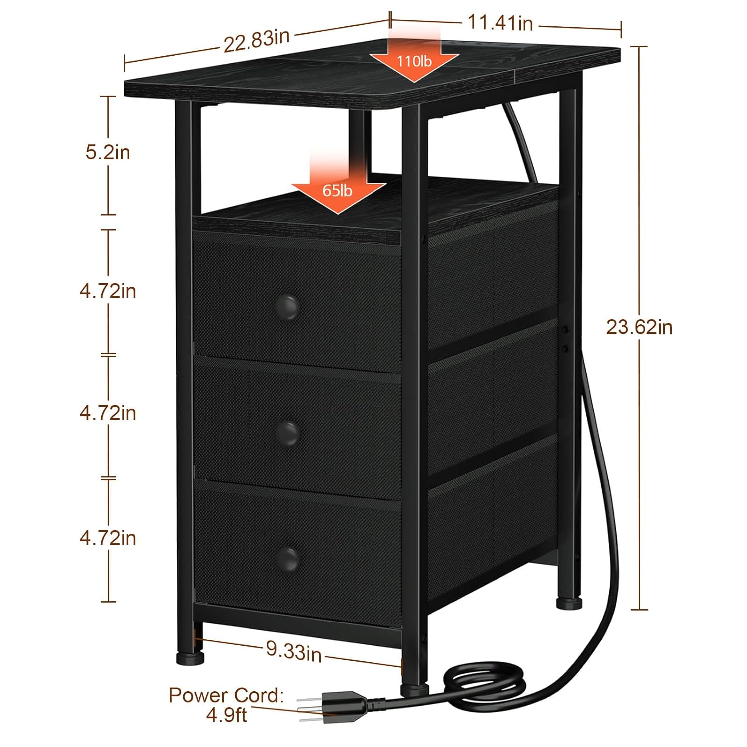Alternative view of AMHANCIBLE End Tables Living Room with Charging Station, Narrow Side Table with USB Ports and Outlets, Slim Nightstand with 3 Fabric Drawers for Bedroom, Small Space, Black, HETN013BK-1