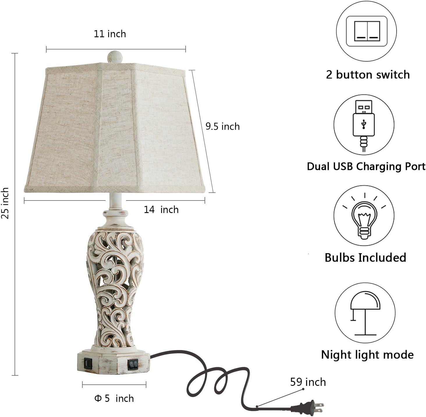 Reyokale Set of 2 Rustic Table Lamps for Living Room Bedroom, Farmhouse Vintage Nightstand Lamp with 2 USB Ports, Hollow Out Resin Lamp for End Table with Nightlight, Bulbs Included (Wash White)