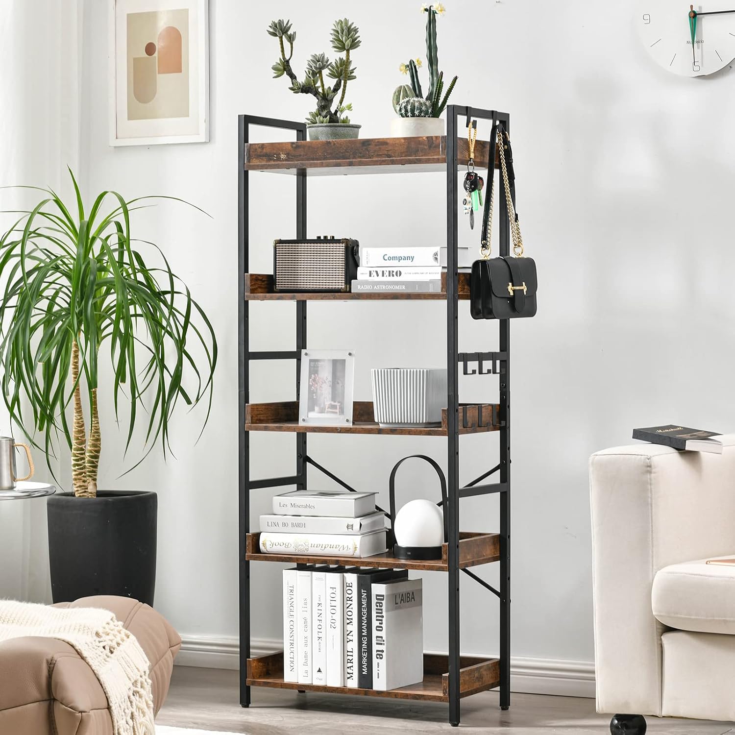 HCHQHS Adjustable 5 Tier Open Bookcase, Rustic Farmhouse Book Shelves, Industrial Wood and Black Metal Bookshelves, Mid Century Bookcase for Home Office Living Room Bedroom