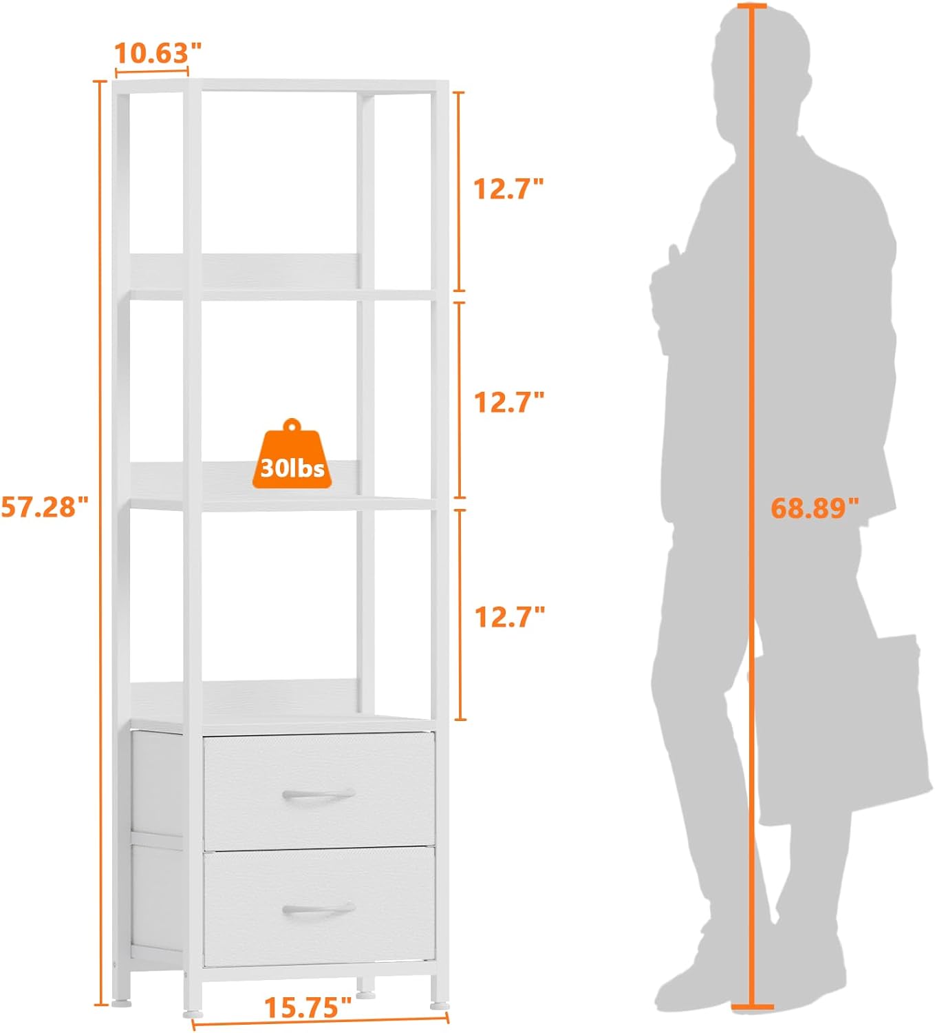 Alternative view of Furnulem 4-Tier Corner Shelf, Bookshelf with 2 Storage Drawers, 57.28u201DTall Narrow Bookcase, Standing Shelf Organizer Unit for Living Room, Bedroom, Metal Frame, Wood Display Shelf