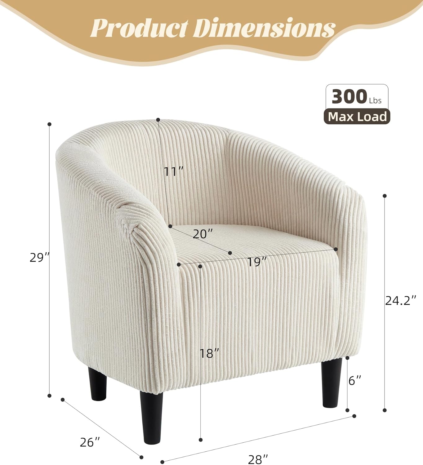 Alternative view of GarveeHome Barrel Accent Chair Corduroy Club Chair Elegant Armchair Cozy Backrest for Living Room Bedroom Reception Room Office - Beige