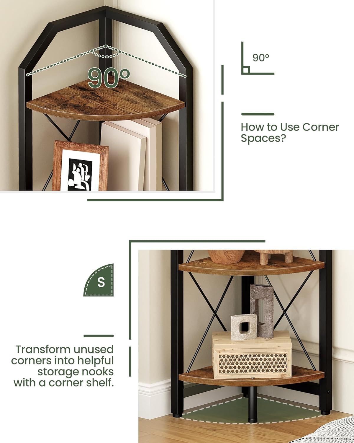 CHOEZON 59.4" Corner Shelf, 5-Tier Industrial Corner Bookshelf, Corner Storage Stand, Plant Stand Display Shelf, Bookcase for Bedroom, Living Room, Home Office, Rustic Brown and Black TCJ10BF
