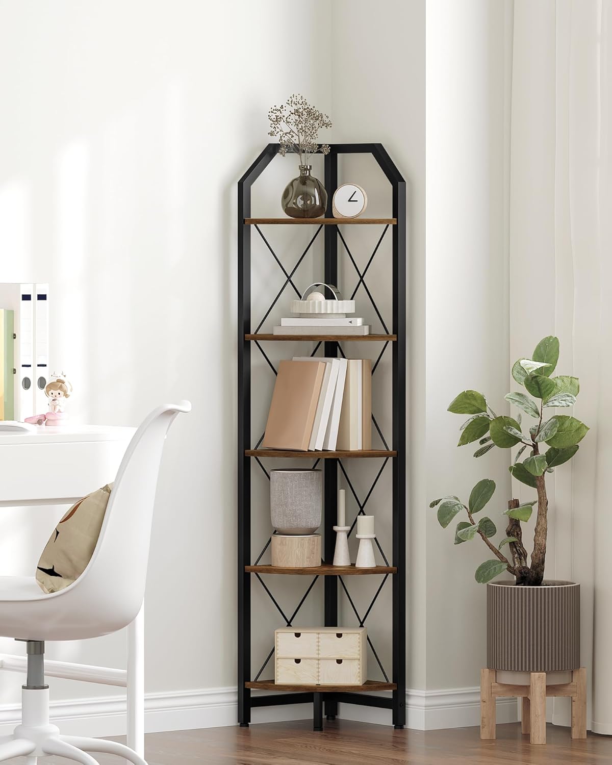 Alternative view of CHOEZON 59.4" Corner Shelf, 5-Tier Industrial Corner Bookshelf, Corner Storage Stand, Plant Stand Display Shelf, Bookcase for Bedroom, Living Room, Home Office, Rustic Brown and Black TCJ10BF