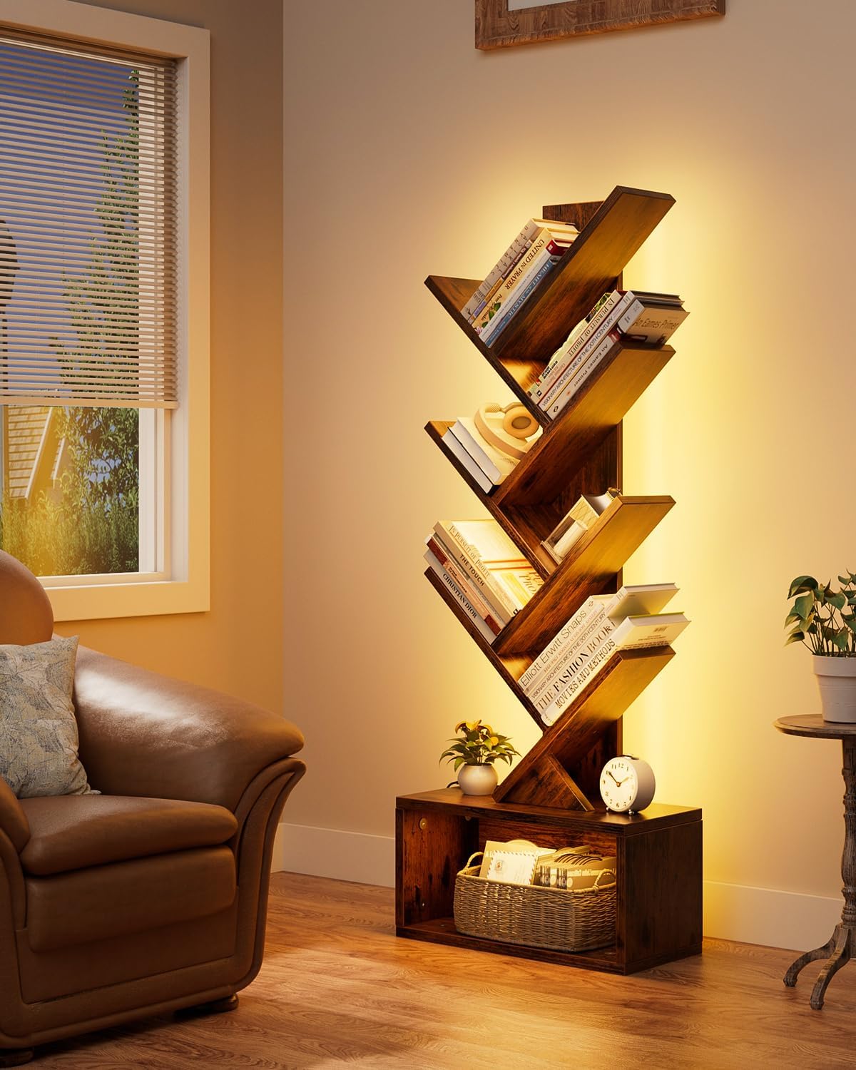 Alternative view of Evermagin 6 Tier Tree Bookshelf with Lights, LED Book Tree Bookcase with Storage Organizer, Small Corner Bookshelf Floor Standing Book Shelf for Living Room, Bedroom & Home Office, Rustic Brown