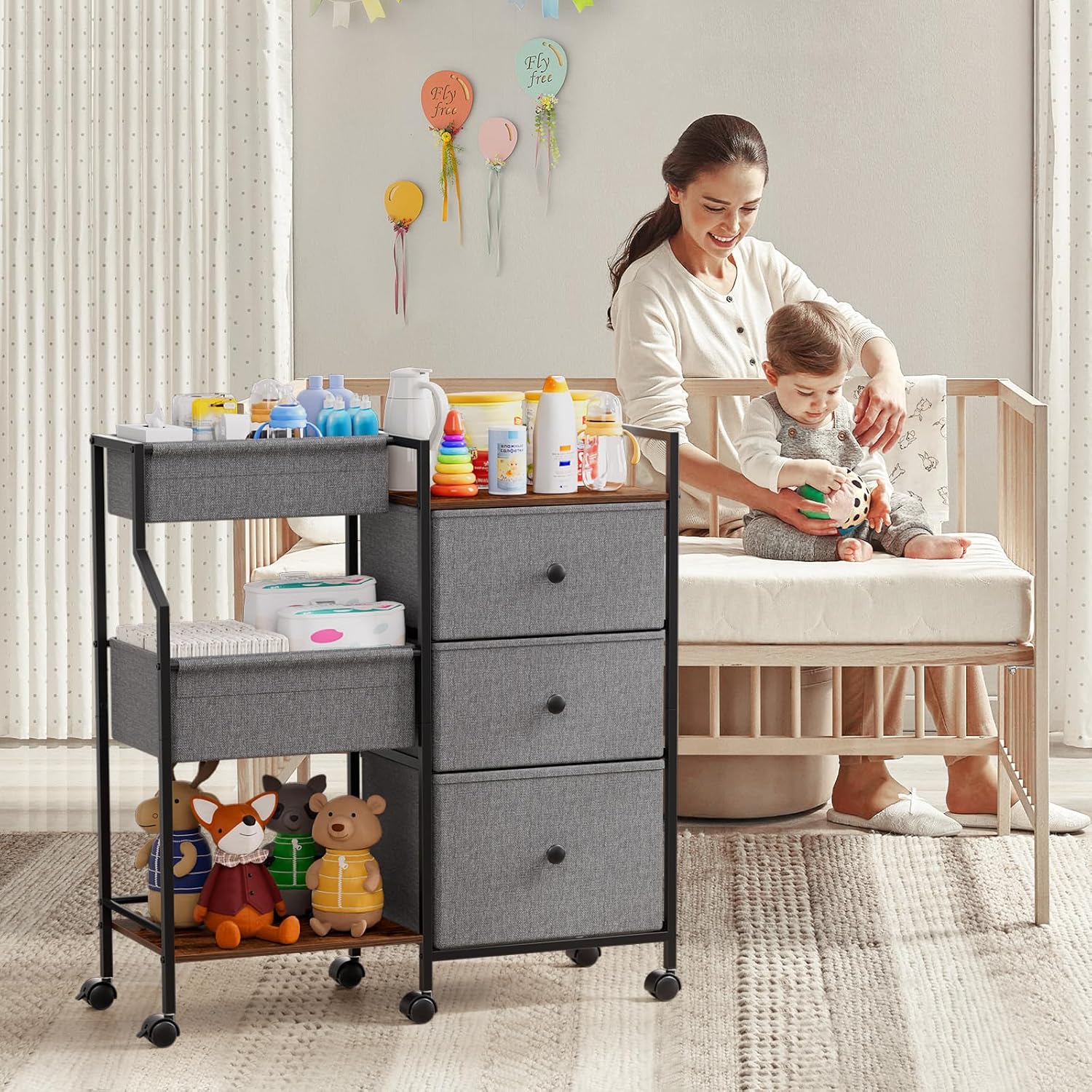 Modanais Baby Diaper Caddy Organizer Cart - 3 Tier Rolling Cart with Dividers and Drawers, Easy To Assemble, Mobile Utility Cart with Wheels for Nursery, Bedroom, Changing Table & Crib