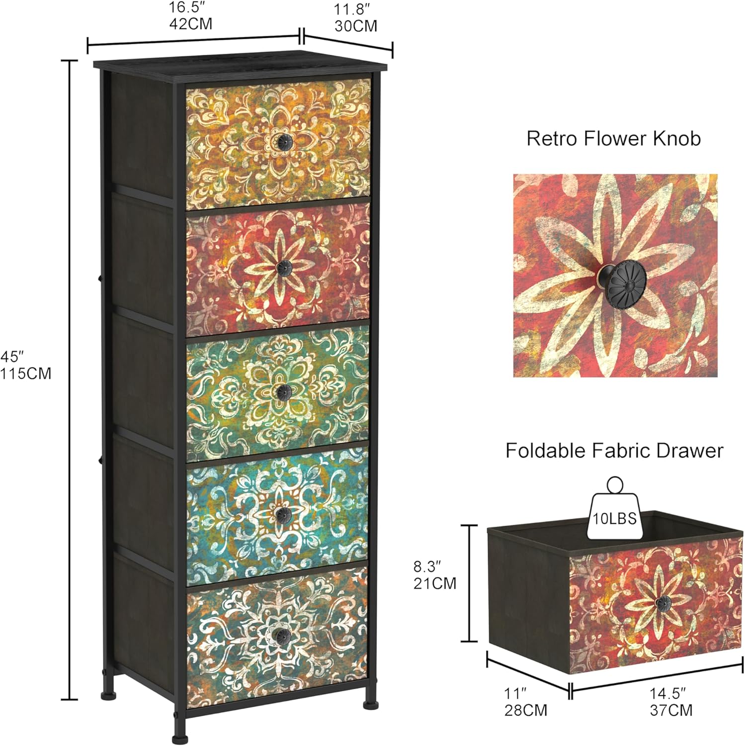 Alternative view of GiftGo Retro Dresser with Fabric Drawers Boho Mandala Flower Chest of Drawers Narrow Storage Tower for Small Spaces Gaps Bedroom Beautiful Nightstand Living Room Table (Mandala, 5 Drawers)