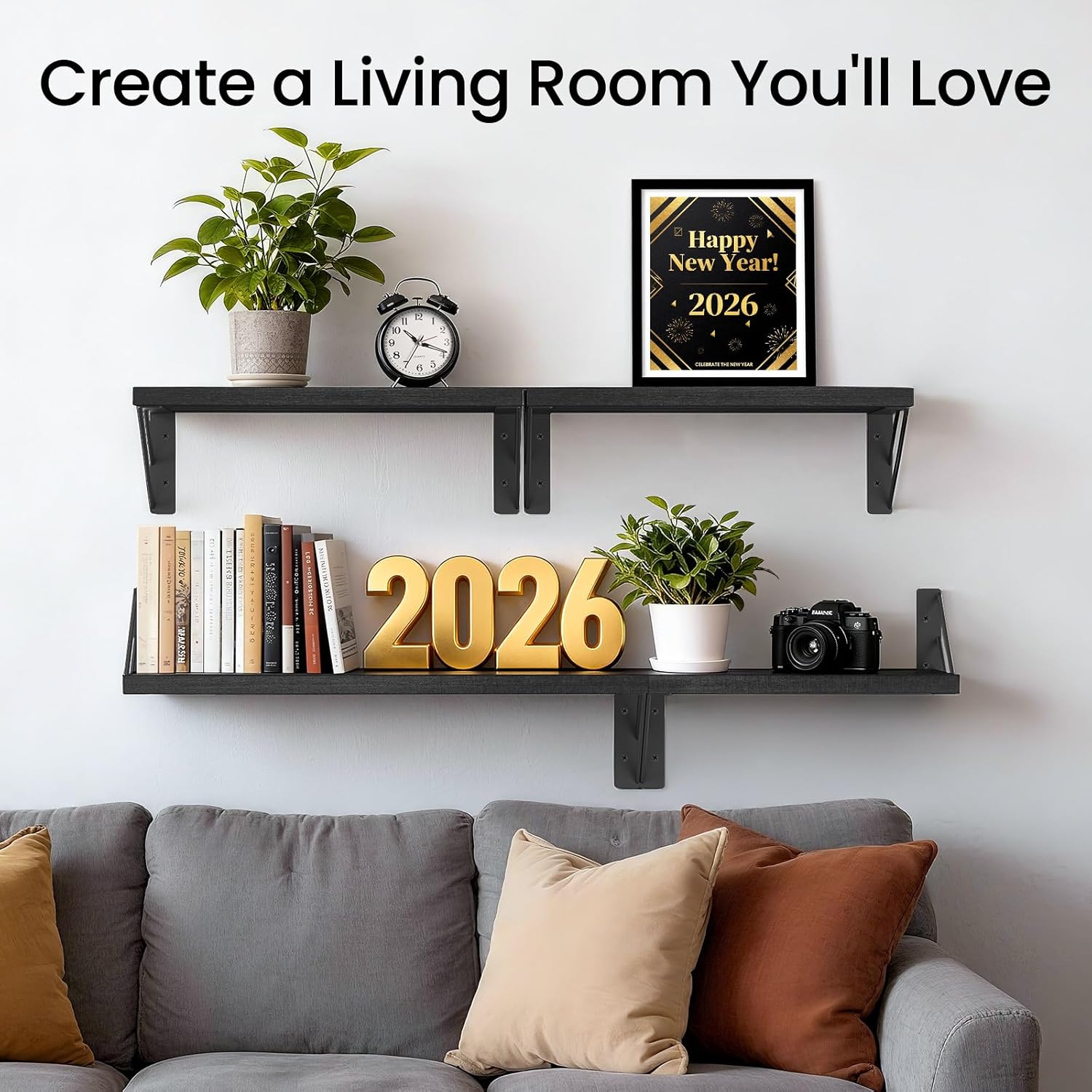 BAYKA  16-Inch Floating Shelves Set of 3, Wall Mounted Wood Shelves - for Living Room, Bedroom, Office | 3 Pack Black Hanging Shelves for Books, Toys, Decor (16 inch，Black)