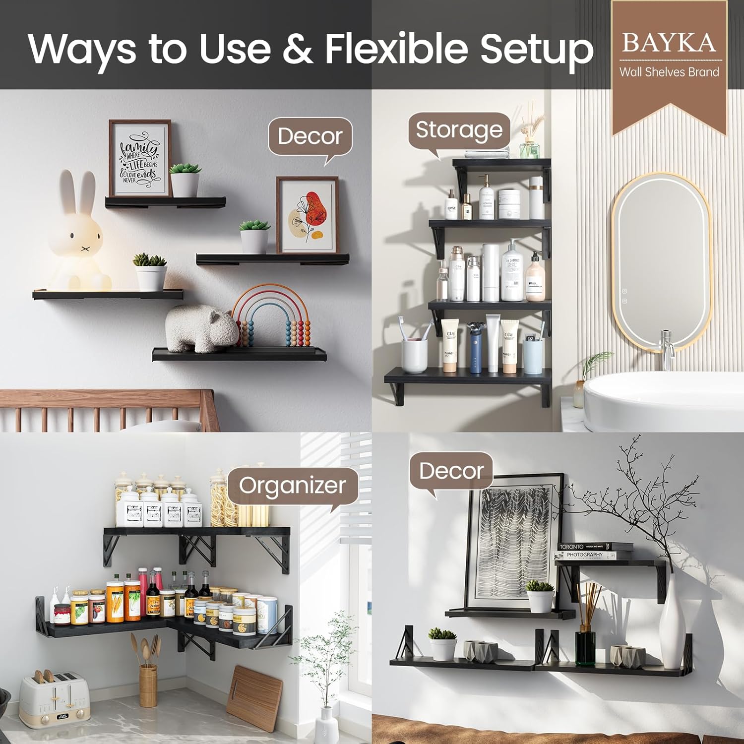 Alternative view of BAYKA  16-Inch Floating Shelves Set of 3, Wall Mounted Wood Shelves - for Living Room, Bedroom, Office | 3 Pack Black Hanging Shelves for Books, Toys, Decor (16 inch，Black)