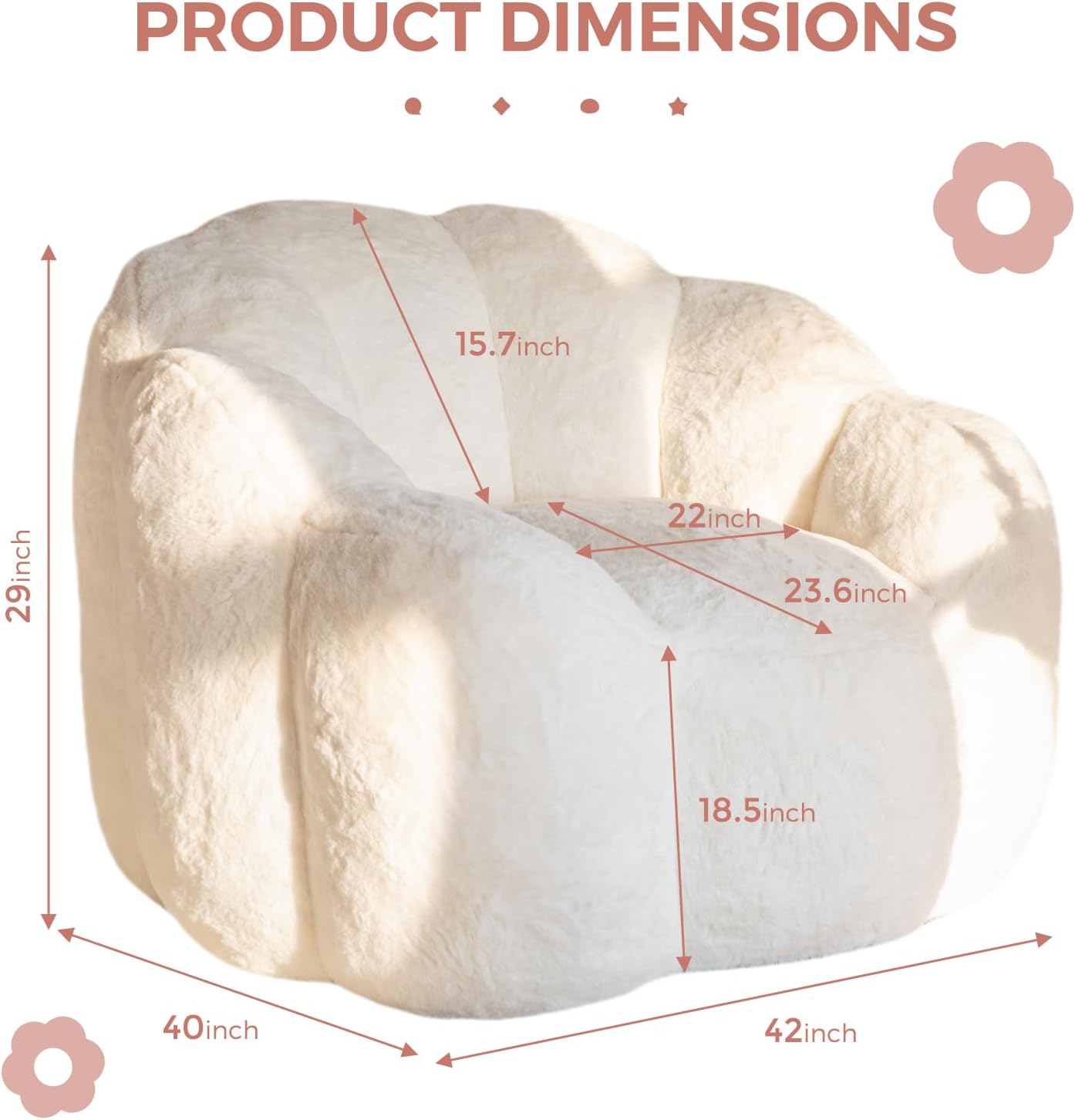 MAXYOYO Bean Bag Chair for Adults, Floral Shaped Bean Bag Sofa, Ultra Soft Faux Fur Floor Sofa, Large Reading Chair for Living Room Bedroom, Beige, Single