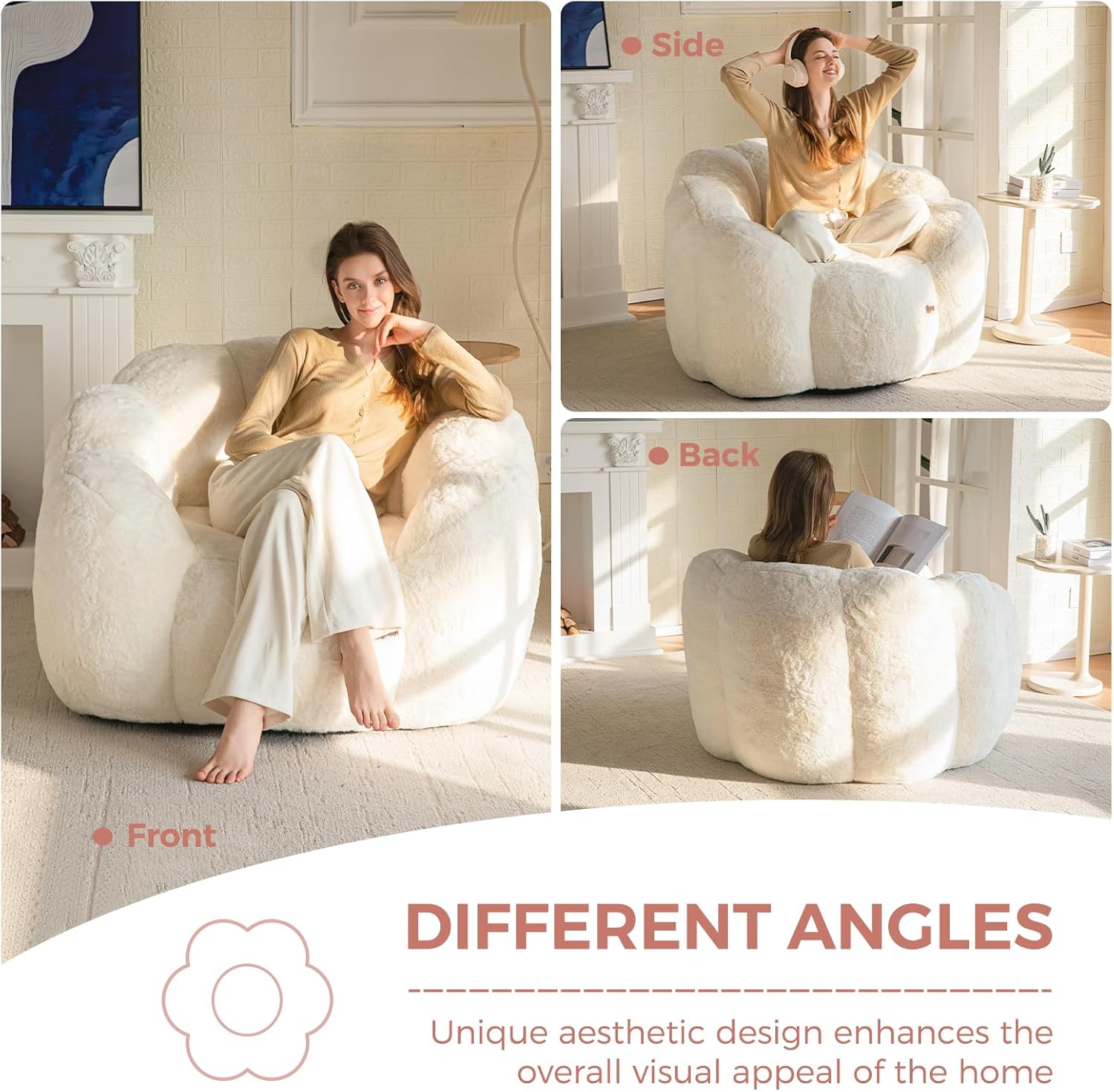 Alternative view of MAXYOYO Bean Bag Chair for Adults, Floral Shaped Bean Bag Sofa, Ultra Soft Faux Fur Floor Sofa, Large Reading Chair for Living Room Bedroom, Beige, Single