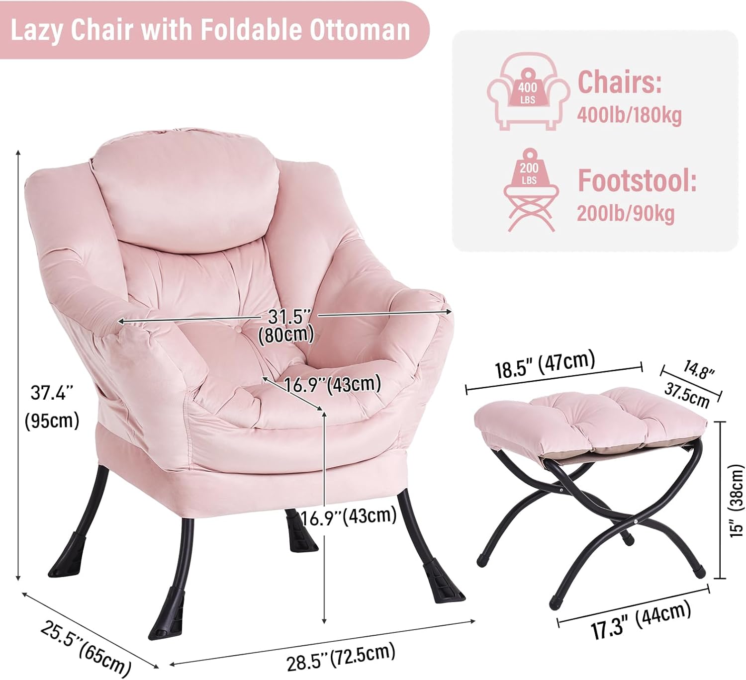 Furlide Lazy Chair with Ottoman, Modern Chair with Folding Footrest, Velvet Pink Lounge Accent Chair, Comfortable Reading Chair, Oversized Armchairs for Bedroom, Study, Living Room, Courtyard