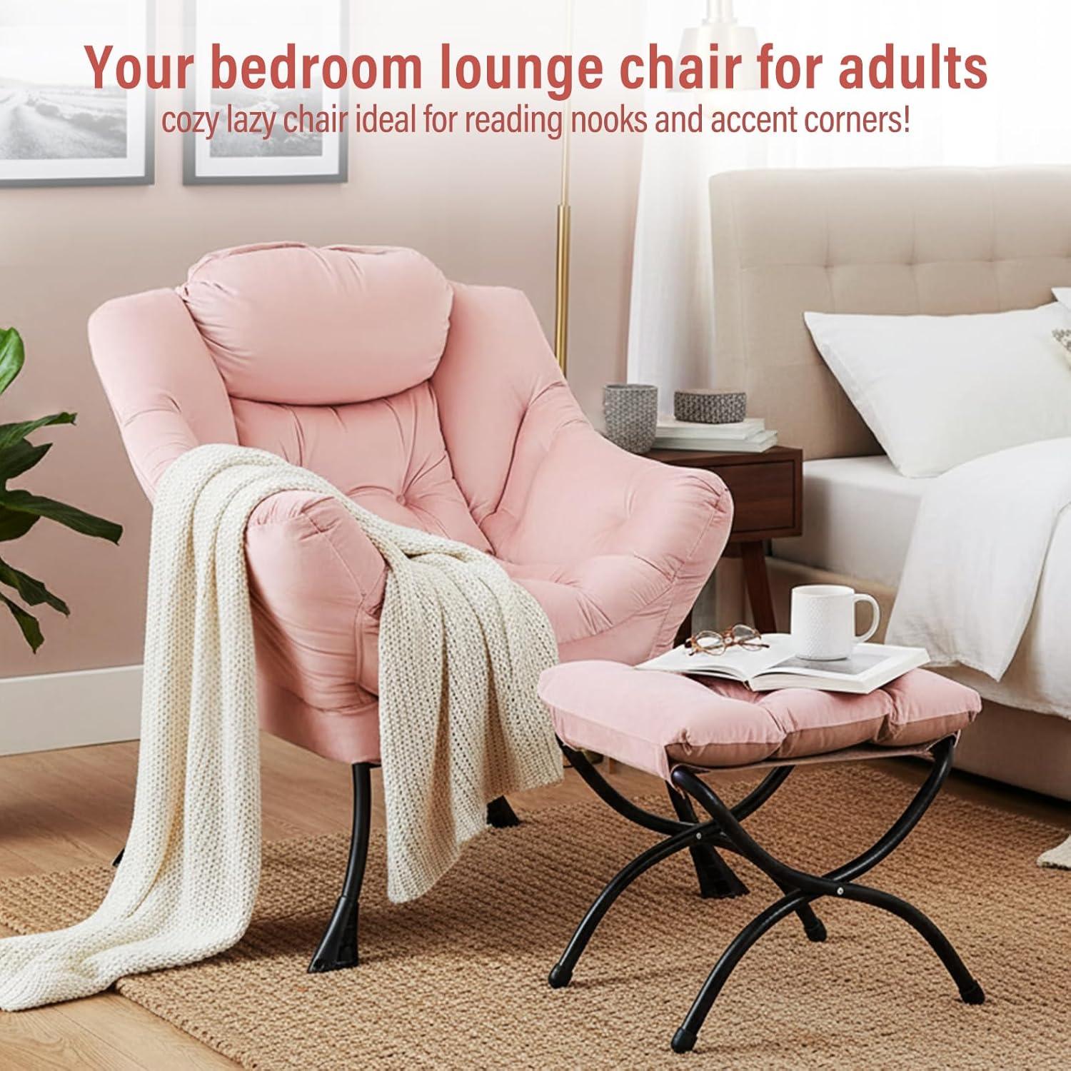 Alternative view of Furlide Lazy Chair with Ottoman, Modern Chair with Folding Footrest, Velvet Pink Lounge Accent Chair, Comfortable Reading Chair, Oversized Armchairs for Bedroom, Study, Living Room, Courtyard