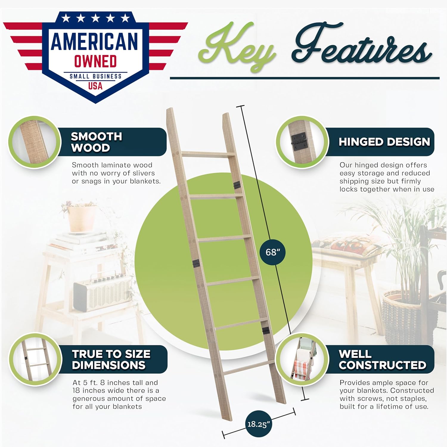 Alternative view of Blanket Ladder for Living Room and Bedroom, 5ft 8 inch, 6-Tier Wall Leaning Laminate No-Snag Construction (Smokey Oak) Rustic Decorative Farmhouse Blanket Storage, Quilt Rack, Ladder Shelf