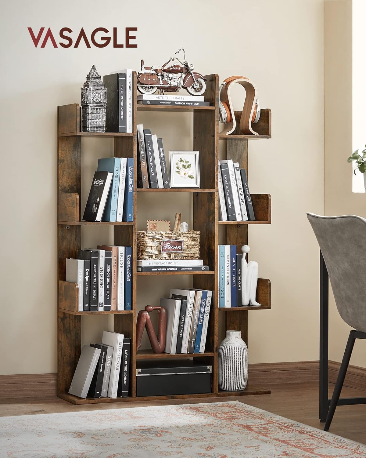 VASAGLE Bookshelf, Tree-Shaped Bookcase with 13 Storage Shelves, Rounded Corners, 9.8u201DD x 33.9u201DW x 55.1u201DH, Rustic Brown ULBC67BXV1