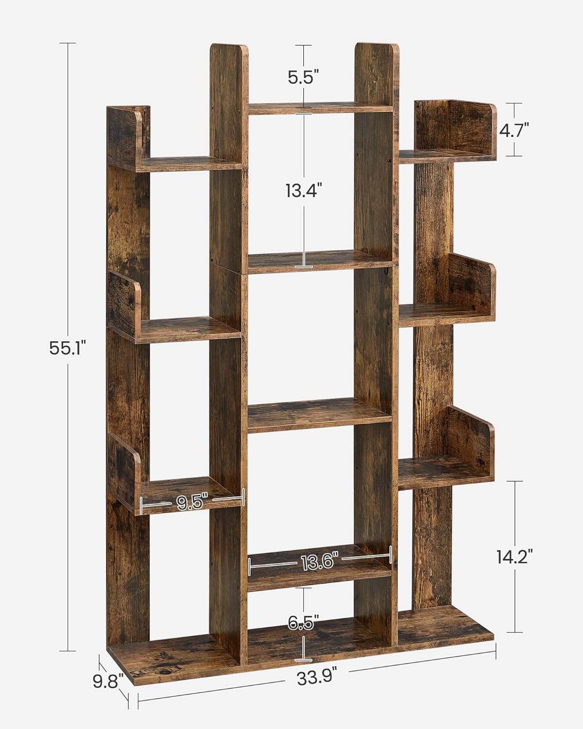 Alternative view of VASAGLE Bookshelf, Tree-Shaped Bookcase with 13 Storage Shelves, Rounded Corners, 9.8u201DD x 33.9u201DW x 55.1u201DH, Rustic Brown ULBC67BXV1
