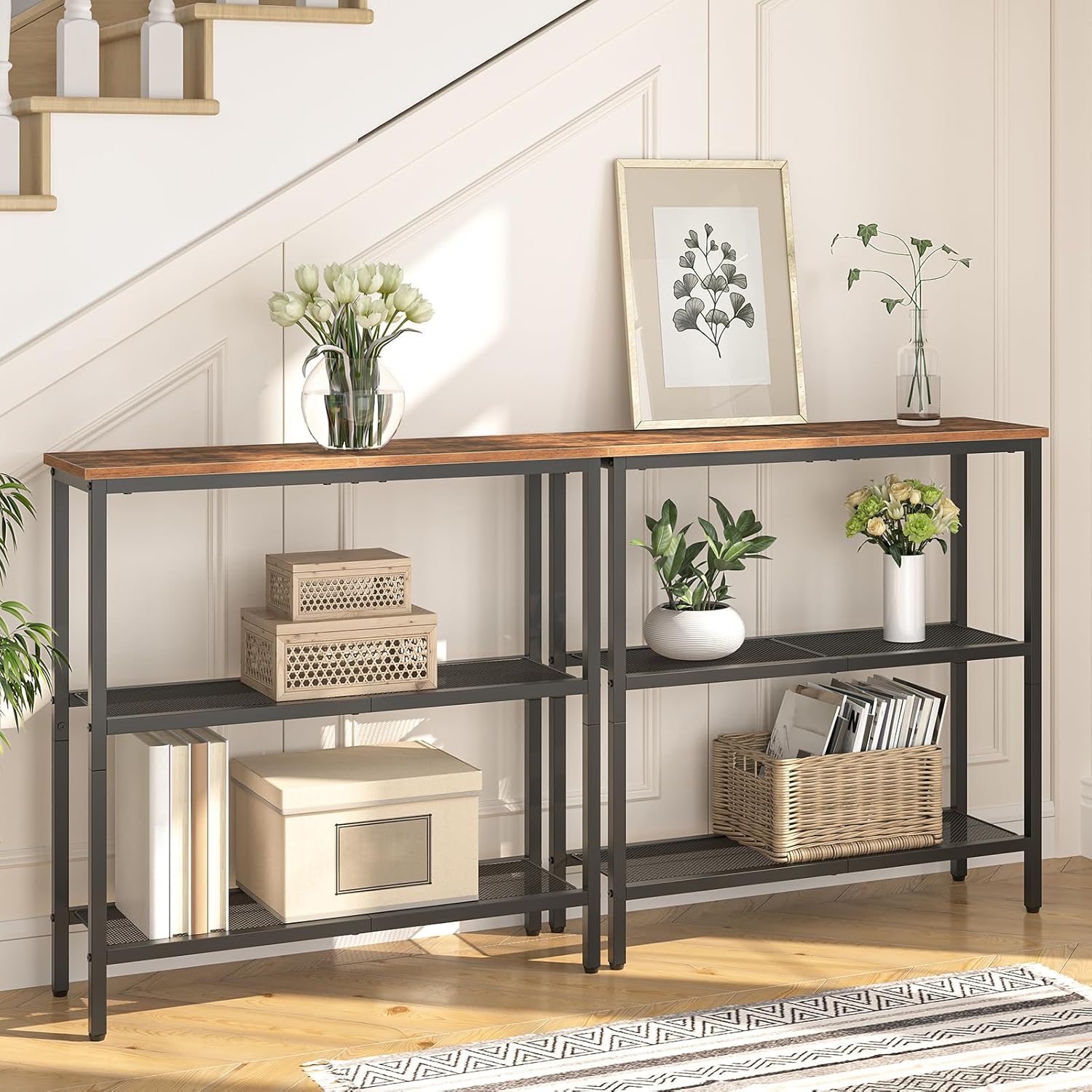 HOOBRO 29.5" Narrow Console Table, 3-Tier Entryway Table, Thin Sofa Table with Shelves, Side Table, Display Table, for Hallway, Entrance, Living Room, Bedroom, Rustic Brown and Black BF73XG01