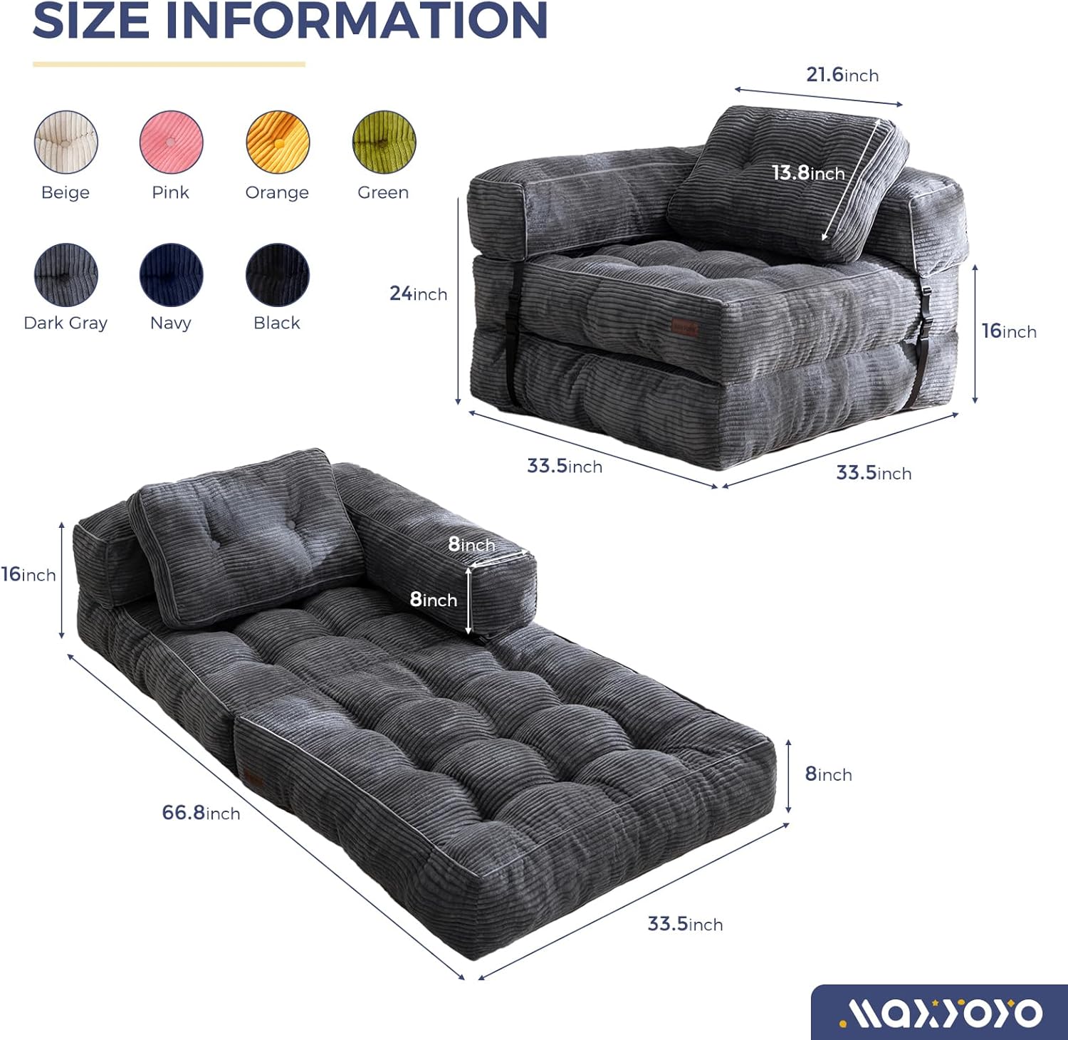 MAXYOYO Folding Sofa Bed, L-Shaped Convertible Sofa Bed with Armrest Foldable Sleeper Sofa with Pillow, Portable Fold Out Chair Bed Comfy Floor Lounge for Living Room Bedroom, Dark Grey